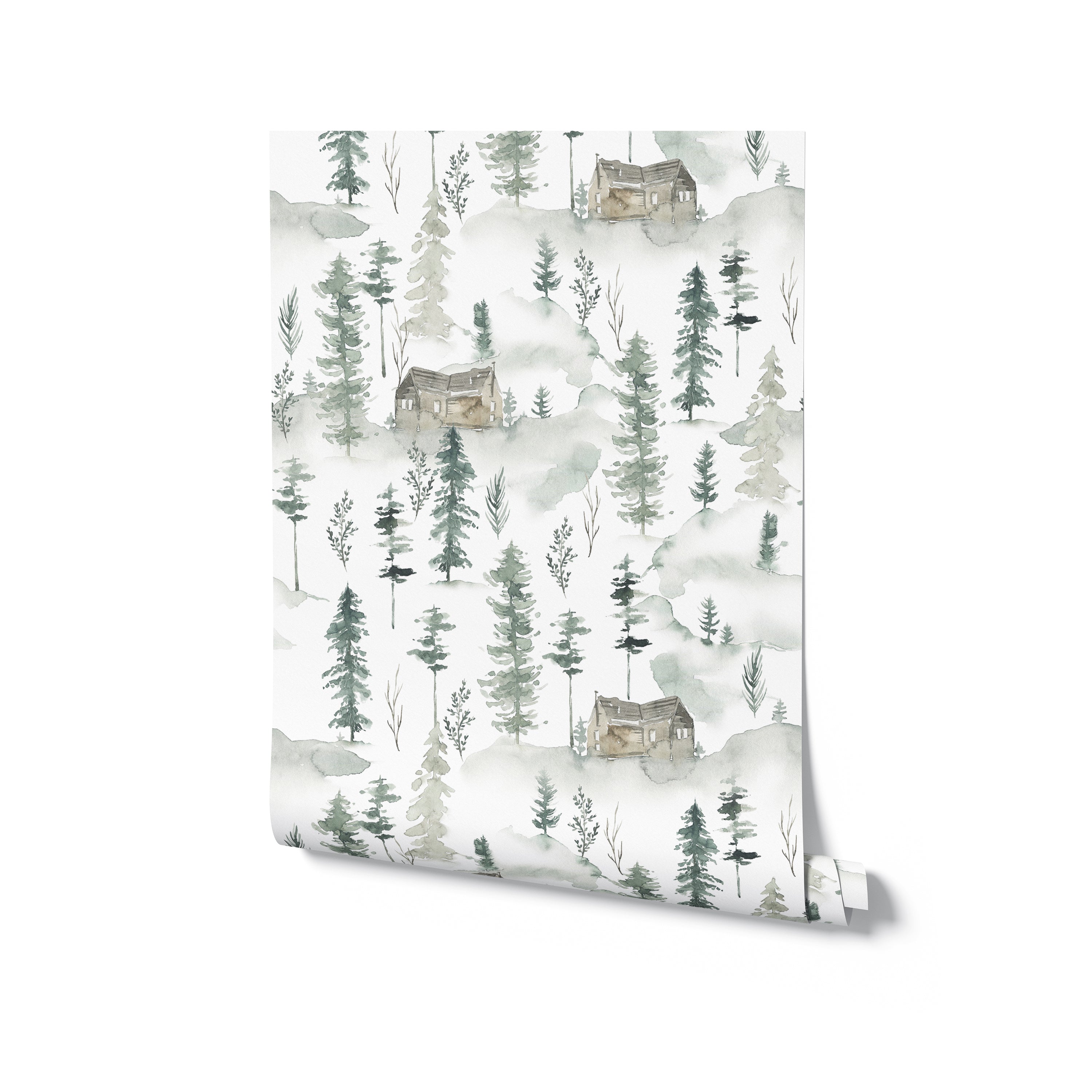 Rolled view of In the Woods Wallpaper, displaying detailed artwork of scattered pine trees and quaint woodland cabins in soft watercolor tones. This design brings a touch of nature's tranquility to any interior.