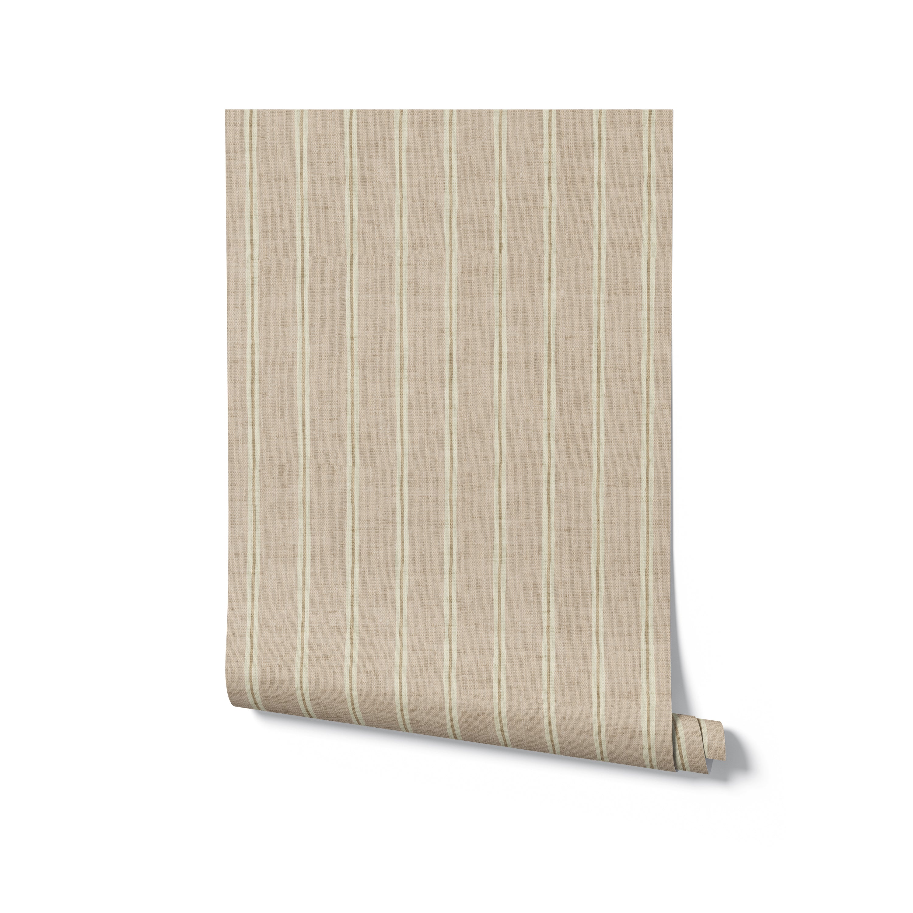 A roll of 'Ticking Fabrics 2 Wallpaper' leaning against a white background, highlighting the simple elegance of the beige and cream stripes. The wallpaper evokes a cozy, fabric-like look, perfect for adding a touch of classic design to a home.