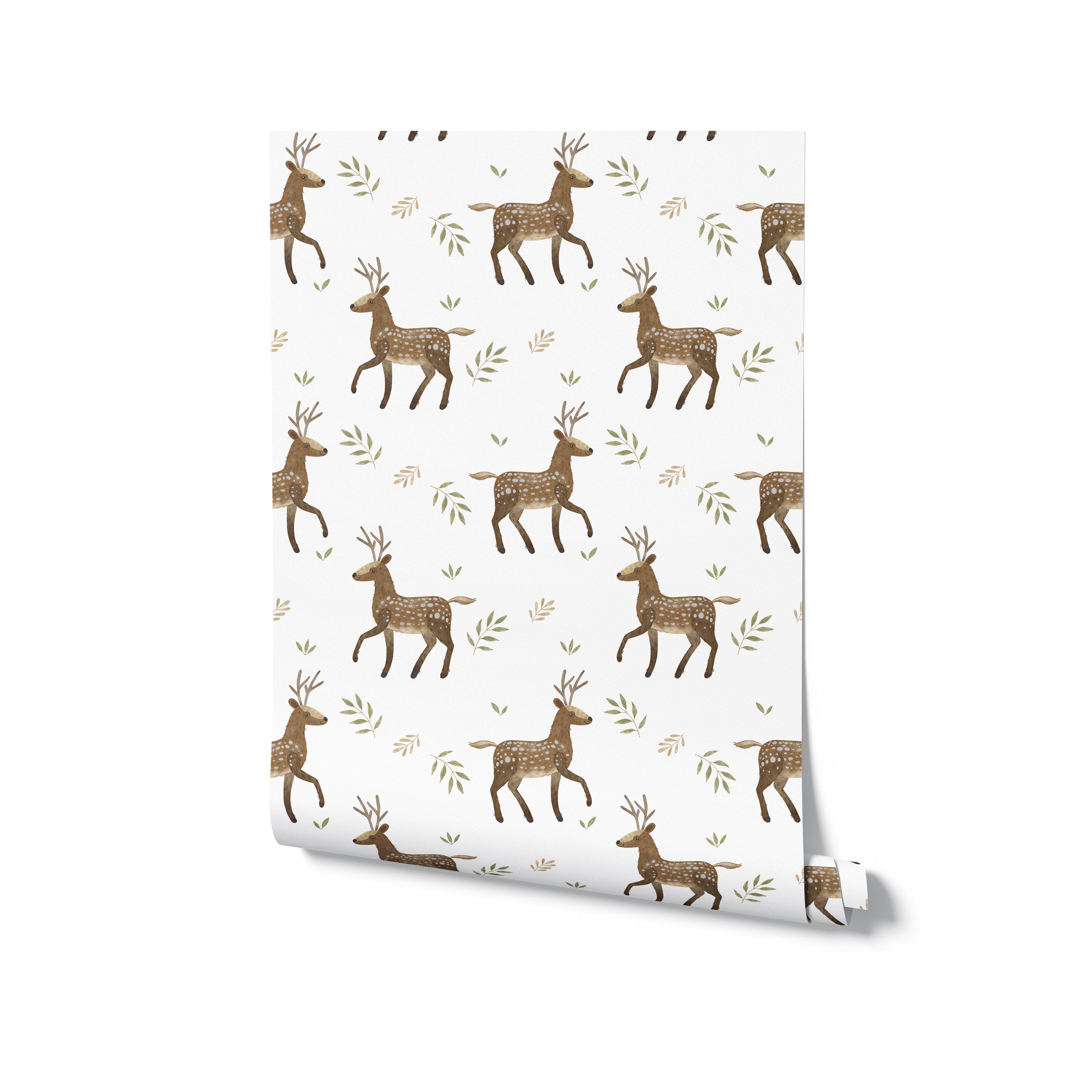 Rolled view of Forest Stag Wallpaper highlighting detailed illustrations of stags amidst green foliage on a clean white background. This design adds a touch of wildlife charm to interiors, perfect for spaces designed for children or nature enthusiasts