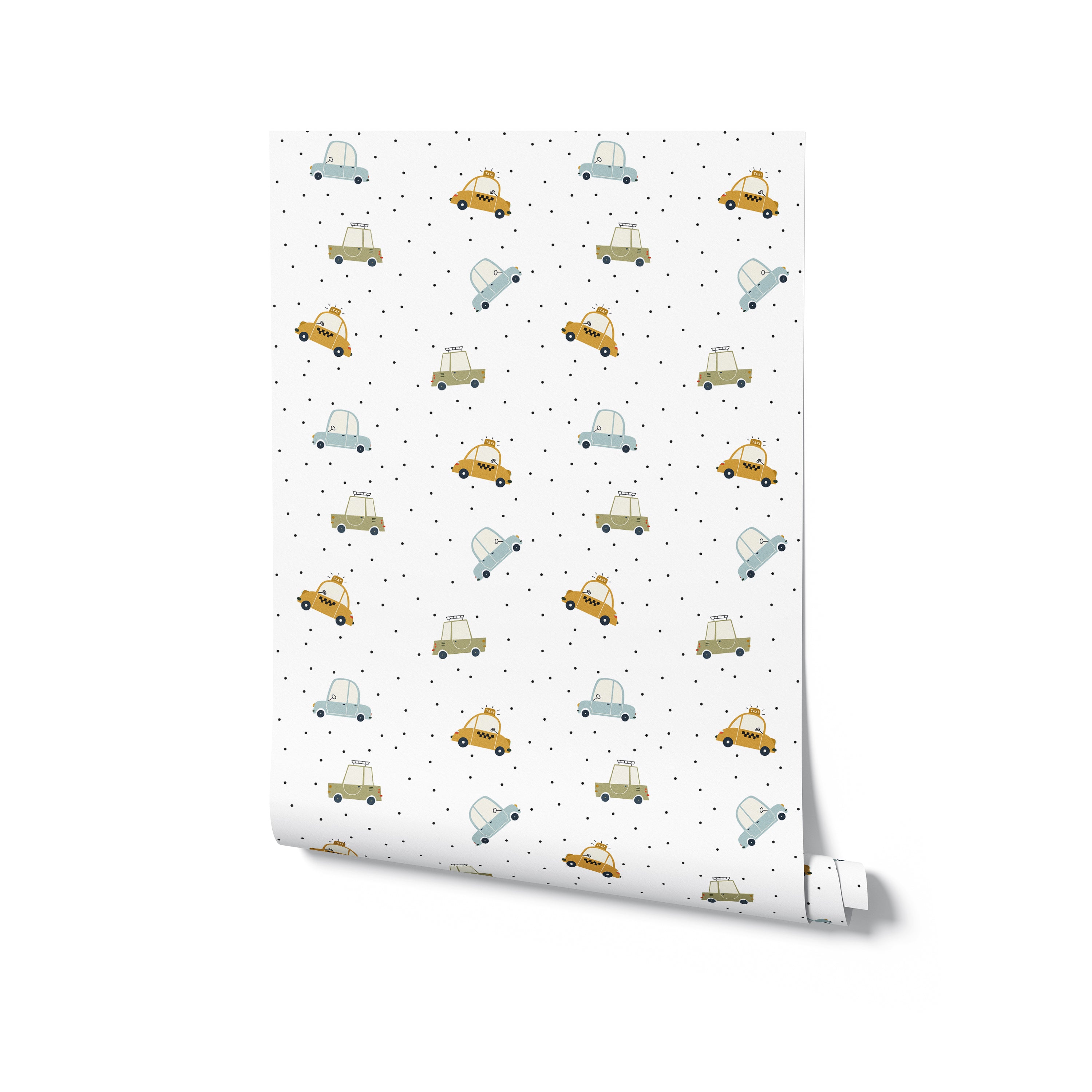 A roll of Cute Cars Wallpaper 01 displaying a whimsical pattern of small, colorful cartoon cars and black dots on a white background, perfect for adding a fun and creative touch to any child's room