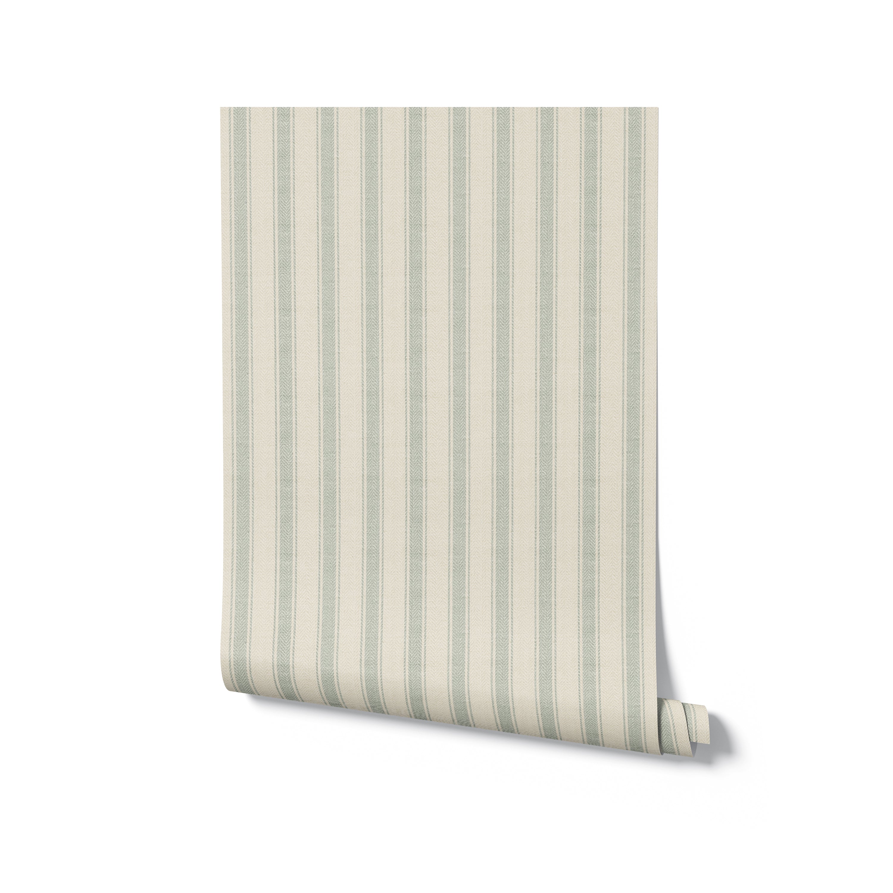 A rolled-up sample of the green striped wallpaper, known as Fabric 1C Wallpaper. The wallpaper features fine green stripes on a soft beige background, offering a classic design that can effortlessly elevate the aesthetics of any room with its timeless appeal.