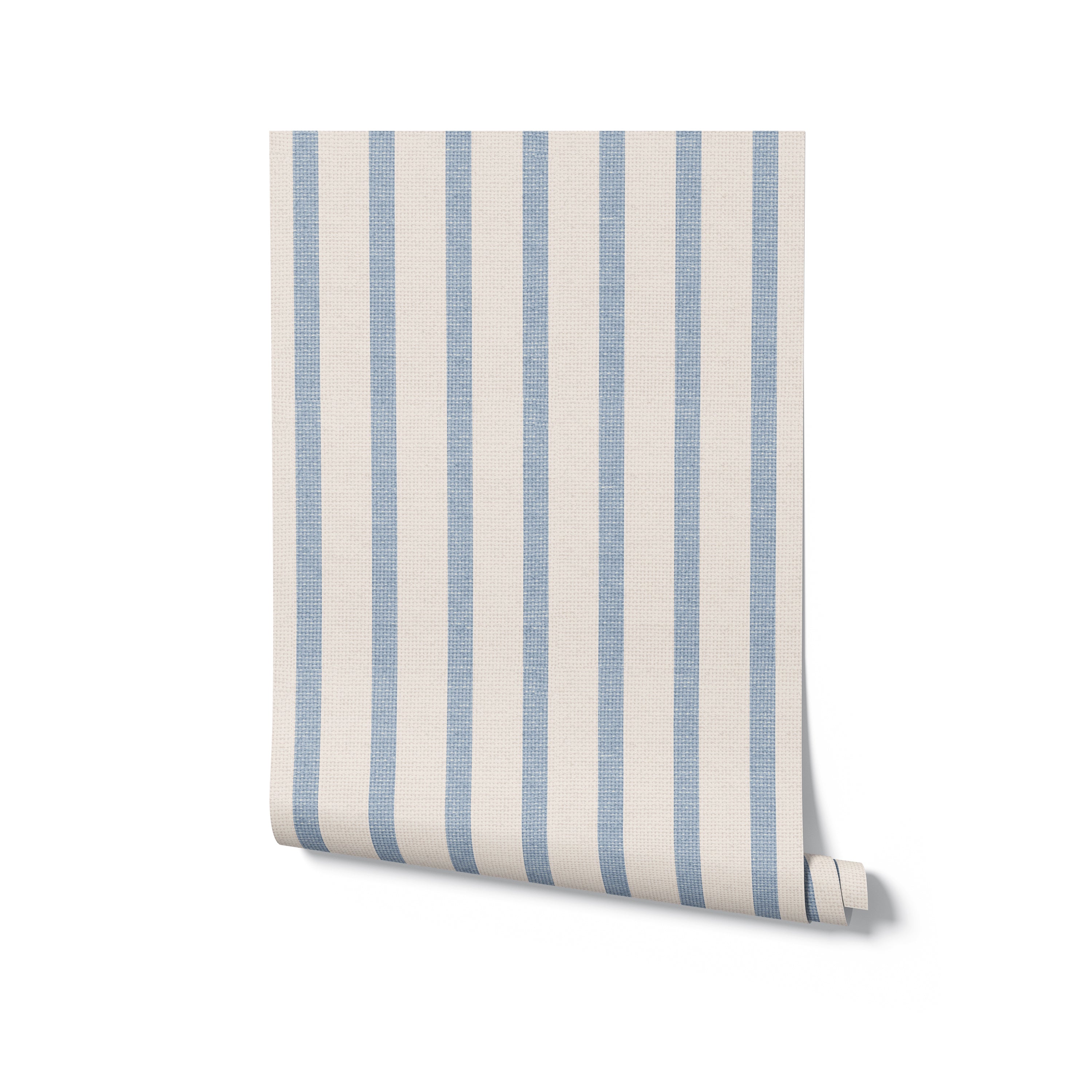 A roll of Fabric 10B Wallpaper featuring vertical stripes in beige and soft blue. This high-quality wallpaper is perfect for home decor, offering a clean and serene backdrop for various room styles