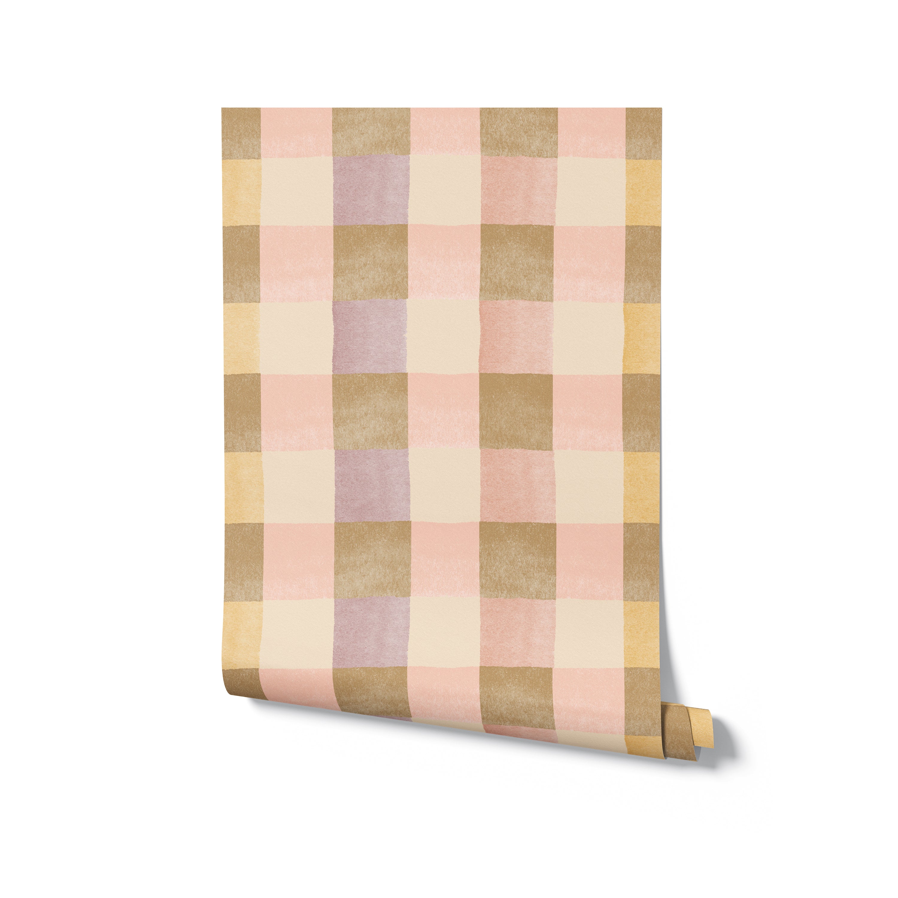 Roll of Chloé Wallpaper featuring a soft and elegant checkered pattern in pastel pink, gold, mauve, and cream. Each square is artistically finished with a unique textured effect, ideal for creating a gentle and serene room ambiance.