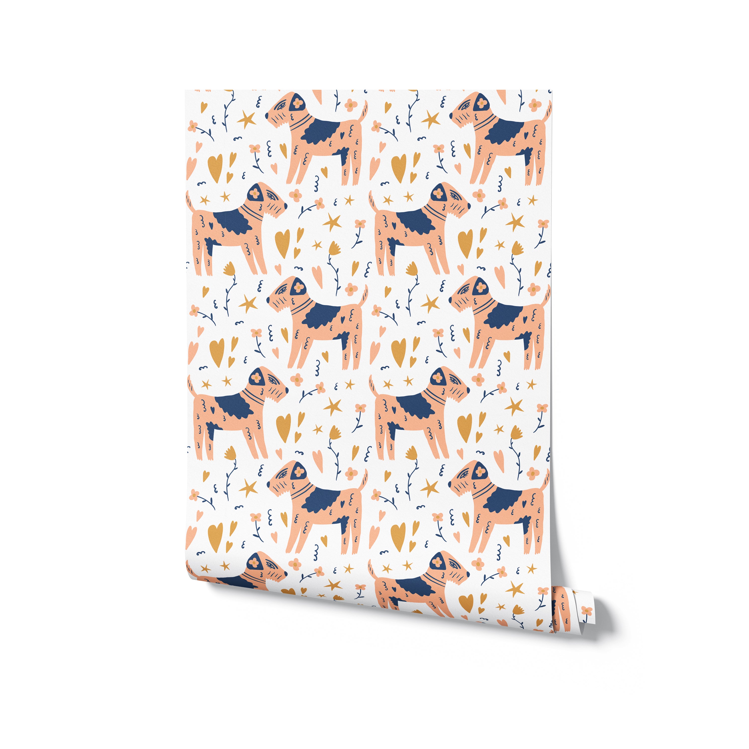 A roll of 'Dog Wallpaper 38' illustrating a charming pattern with peach dogs and playful celestial and floral elements. This wallpaper combines creativity and warmth, ideal for decorating nurseries or playful living spaces.