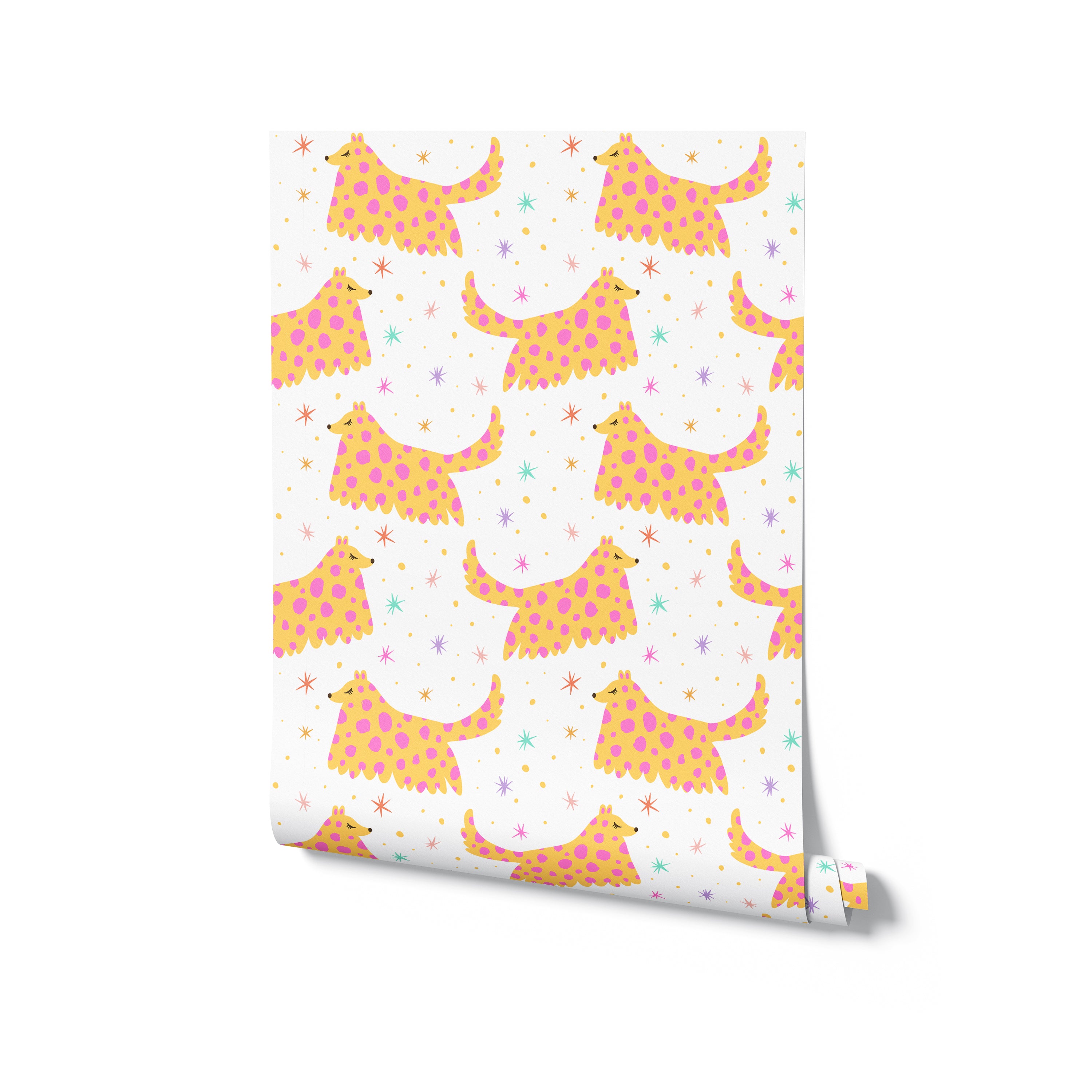 A roll of 'Dog Wallpaper 35' showing a fun and colorful design of pink and yellow spotted dogs on a white background, interspersed with colorful stars and dots, ideal for playful interior spaces