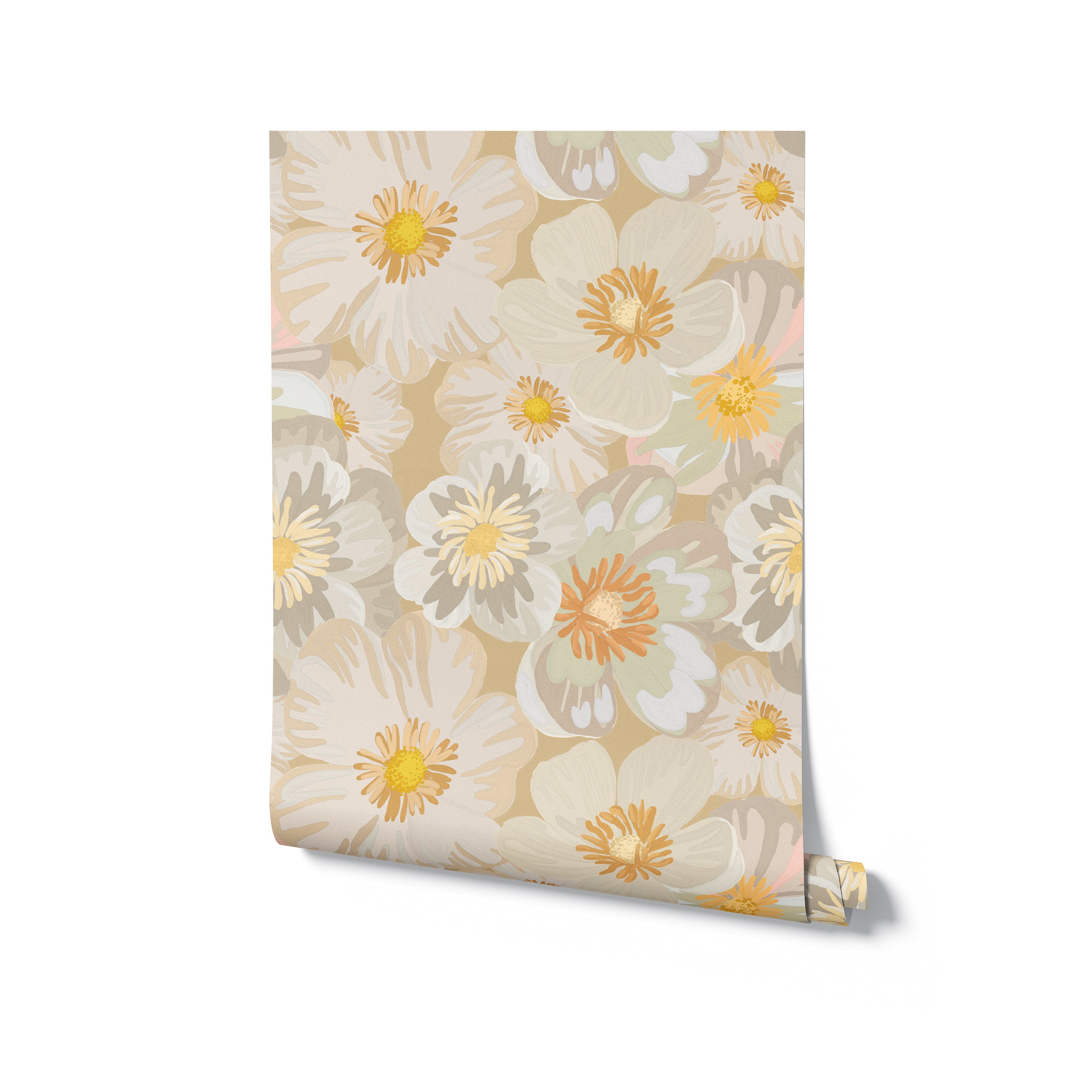A roll of 'Retro Flower Wallpaper' is presented with the paper slightly unrolled to reveal a pattern of large, stylized flowers in pastel shades on a light tan backdrop, indicative of a retro design aesthetic.