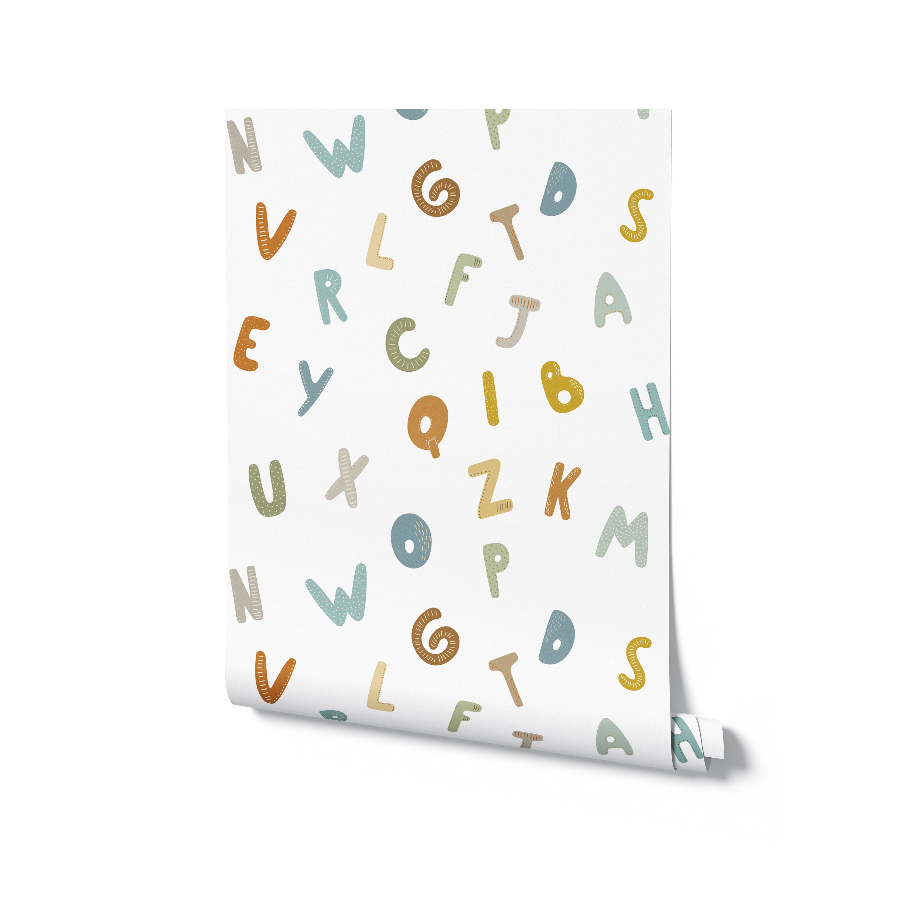 A roll of 'Nursery Alphabet Wallpaper', partially unrolled to reveal the cheerful alphabet design. The wallpaper features a diverse mix of letters in pastel colors with distinctive textures and patterns, making it a perfect educational and decorative addition to a young child's room.