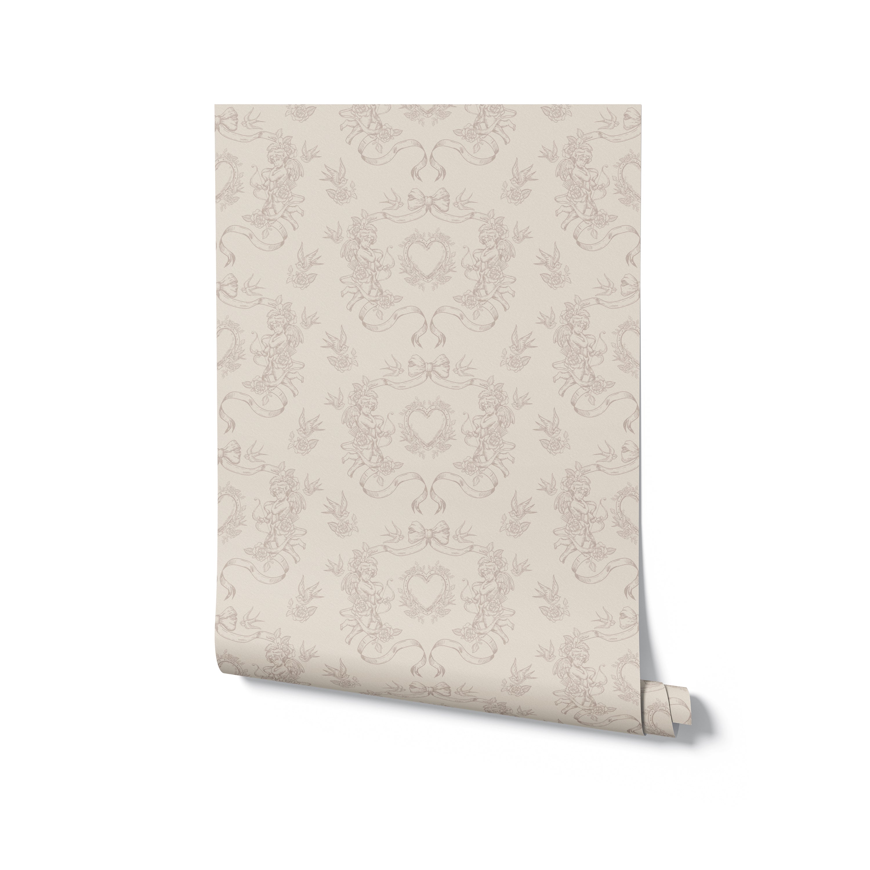 A roll of Cupid's Charm Wallpaper, displaying its beige background with intricate cherub, heart, and ribbon patterns, perfect for adding a romantic touch to any room.