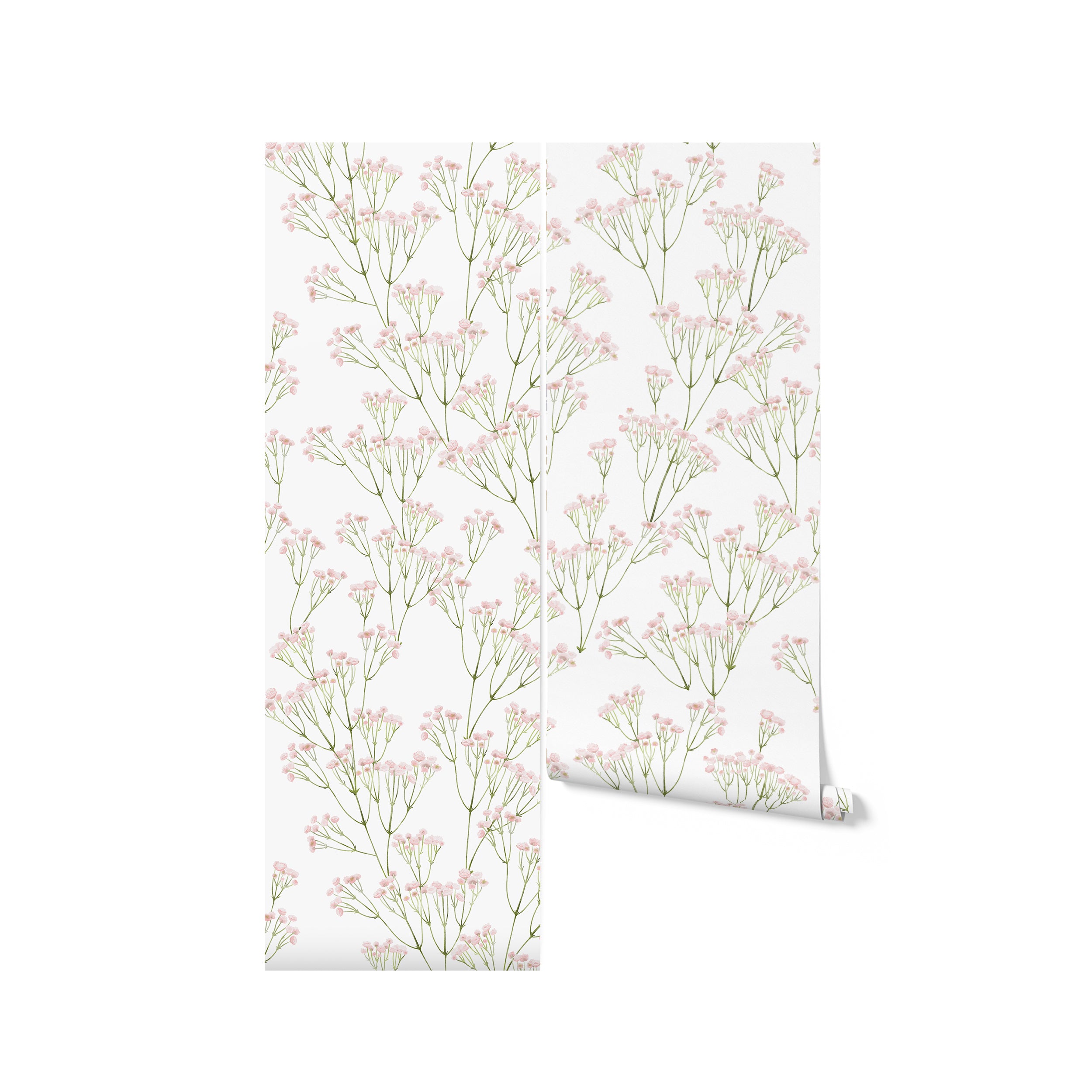 A single roll of 'Le Marchand de Fleurs Wallpaper', partially unrolled to reveal the delicate pattern of pink flowers on green stems, set against a clean white background. This wallpaper brings a light, botanical feel to any interior, inviting the tranquility of a flower meadow into the home.