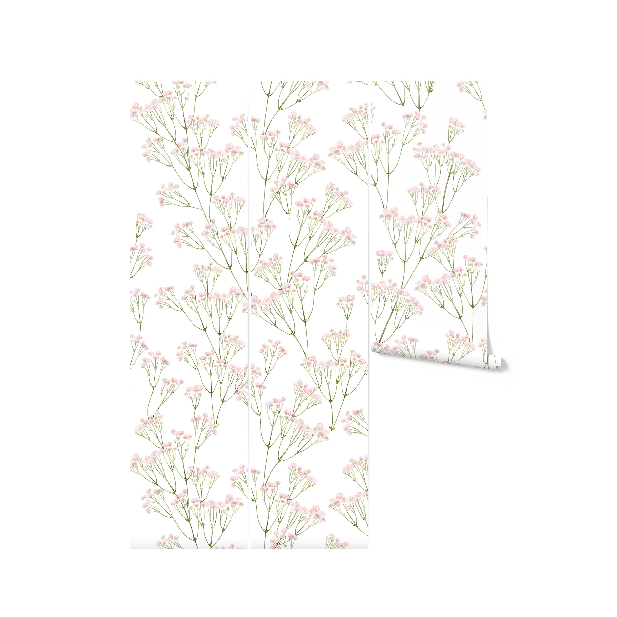 A roll of Le Marchand de Fleurs Wallpaper - 75", showcasing the wallpaper's gentle floral design with clusters of pale pink flowers and vibrant green stems, perfect for adding a touch of nature’s softness to any room.