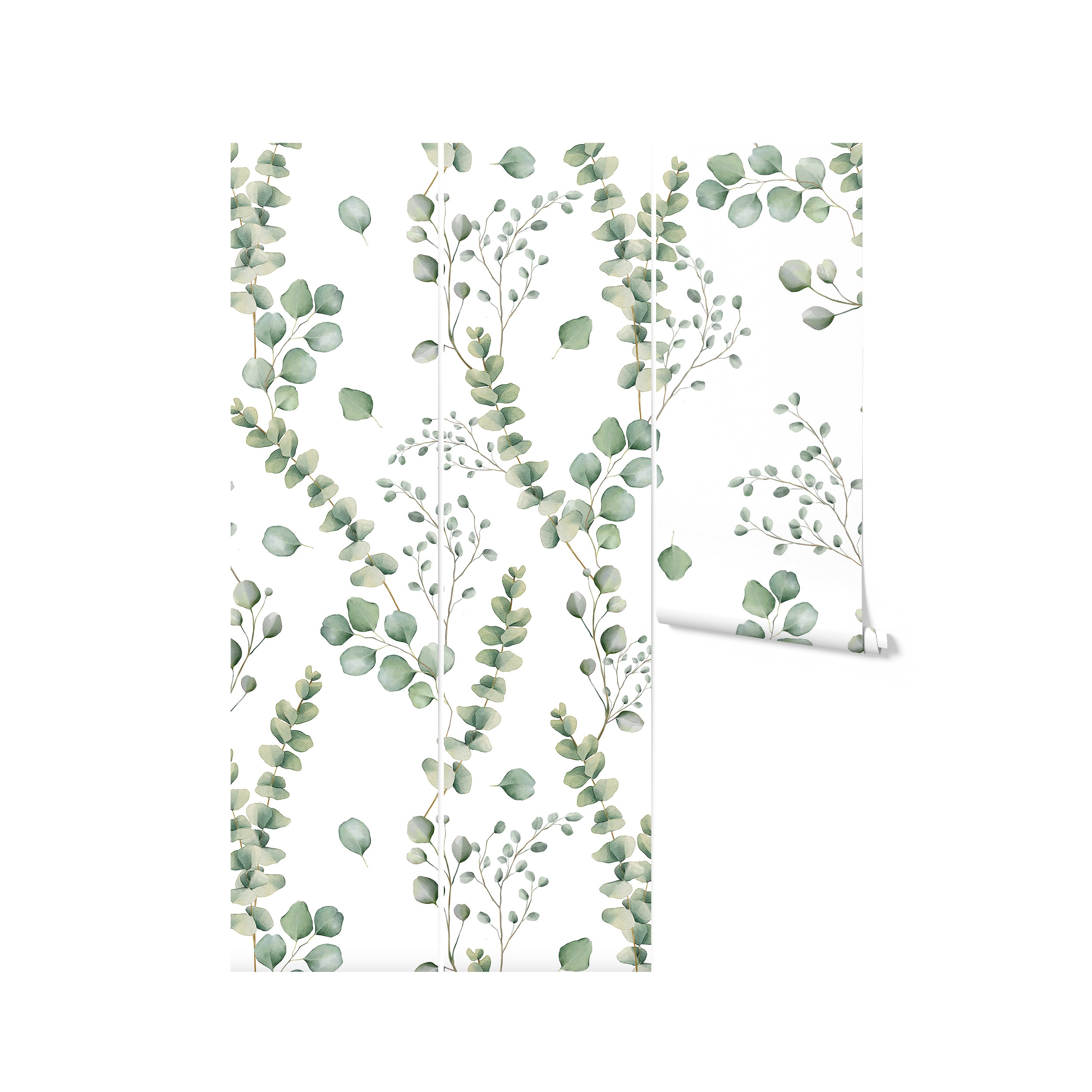 A seamless pattern of eucalyptus branches with round, green leaves spread out over a white background, giving a tranquil and natural feel, suitable for a fresh interior decor theme