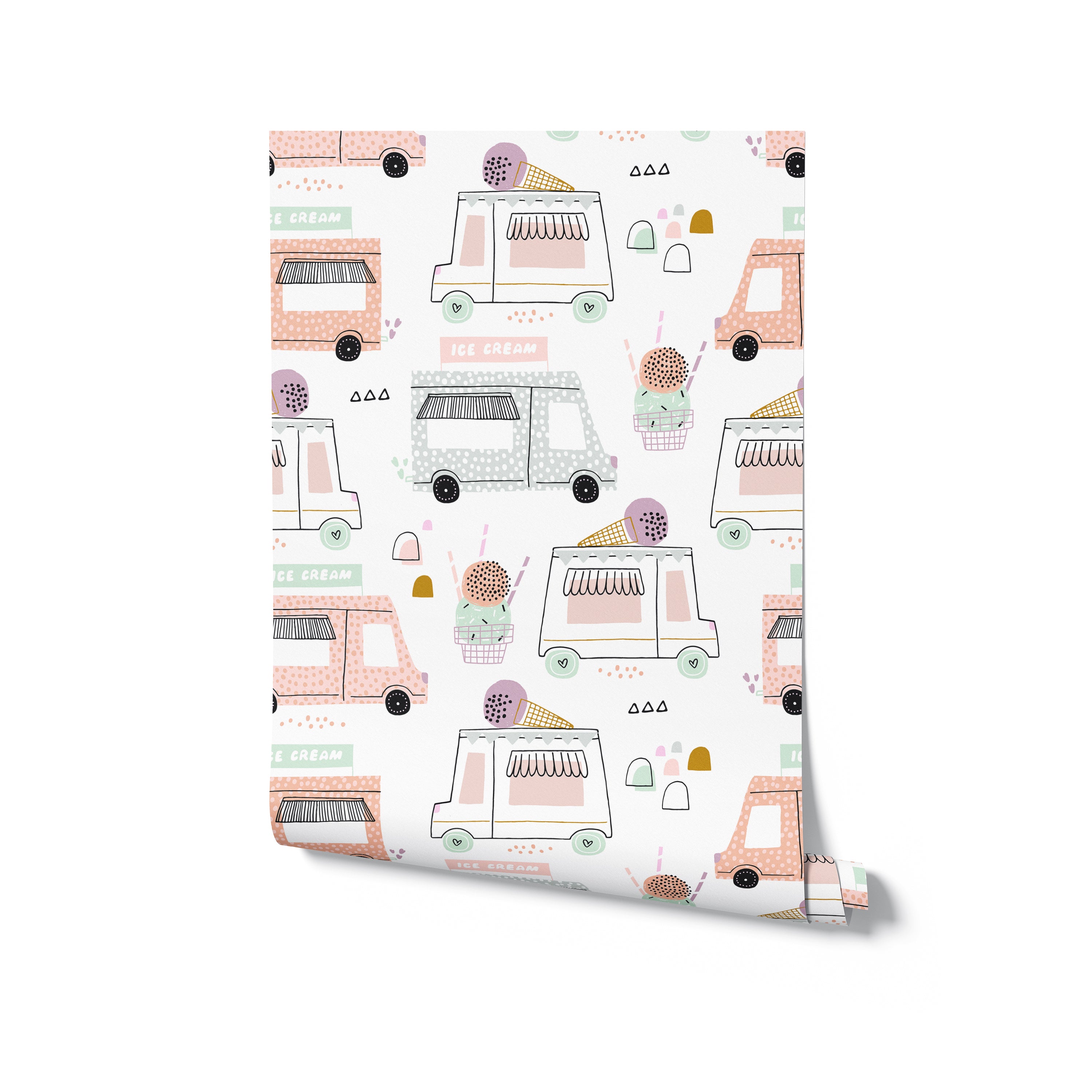 Roll of children’s wallpaper featuring a charming array of ice cream trucks and assorted ice creams on a soft, pastel-colored background, designed to bring a whimsical touch to nursery or playroom interiors