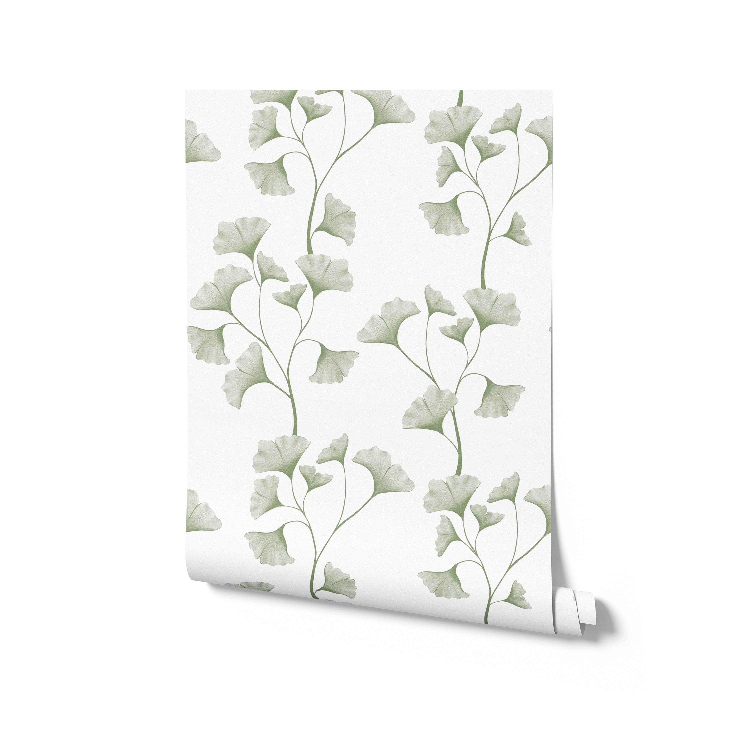 A roll of the Botanical Vines Wallpaper, illustrating the seamless pattern of green vine leaves on a crisp white background. The design flows gracefully, creating a sense of tranquility and elegance, ideal for enhancing any living space with a touch of nature