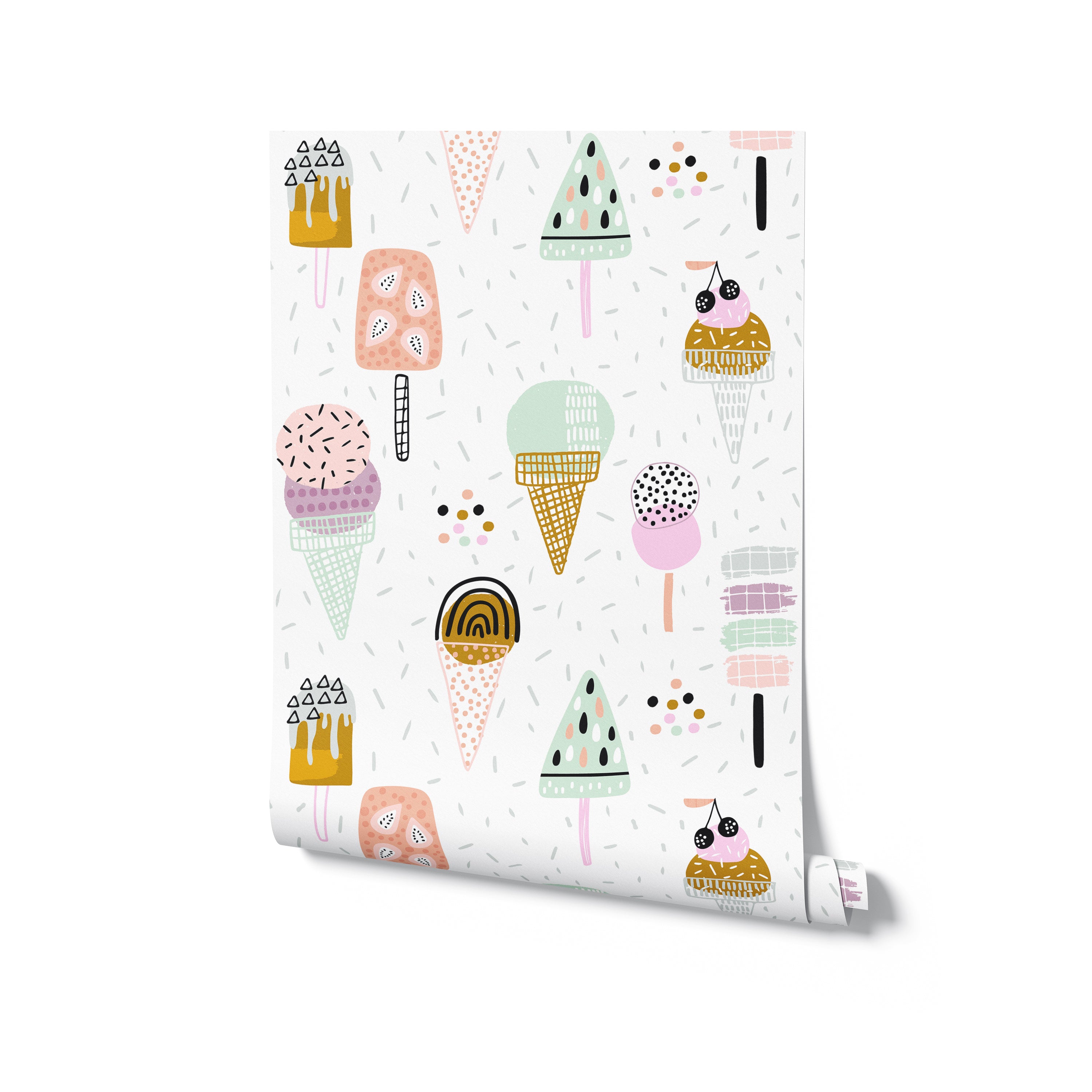 Roll of children’s wallpaper displaying a cheerful and colorful array of ice cream illustrations, including cones and popsicles in pastel hues, set on a light, dotted background, perfect for a nursery or playroom