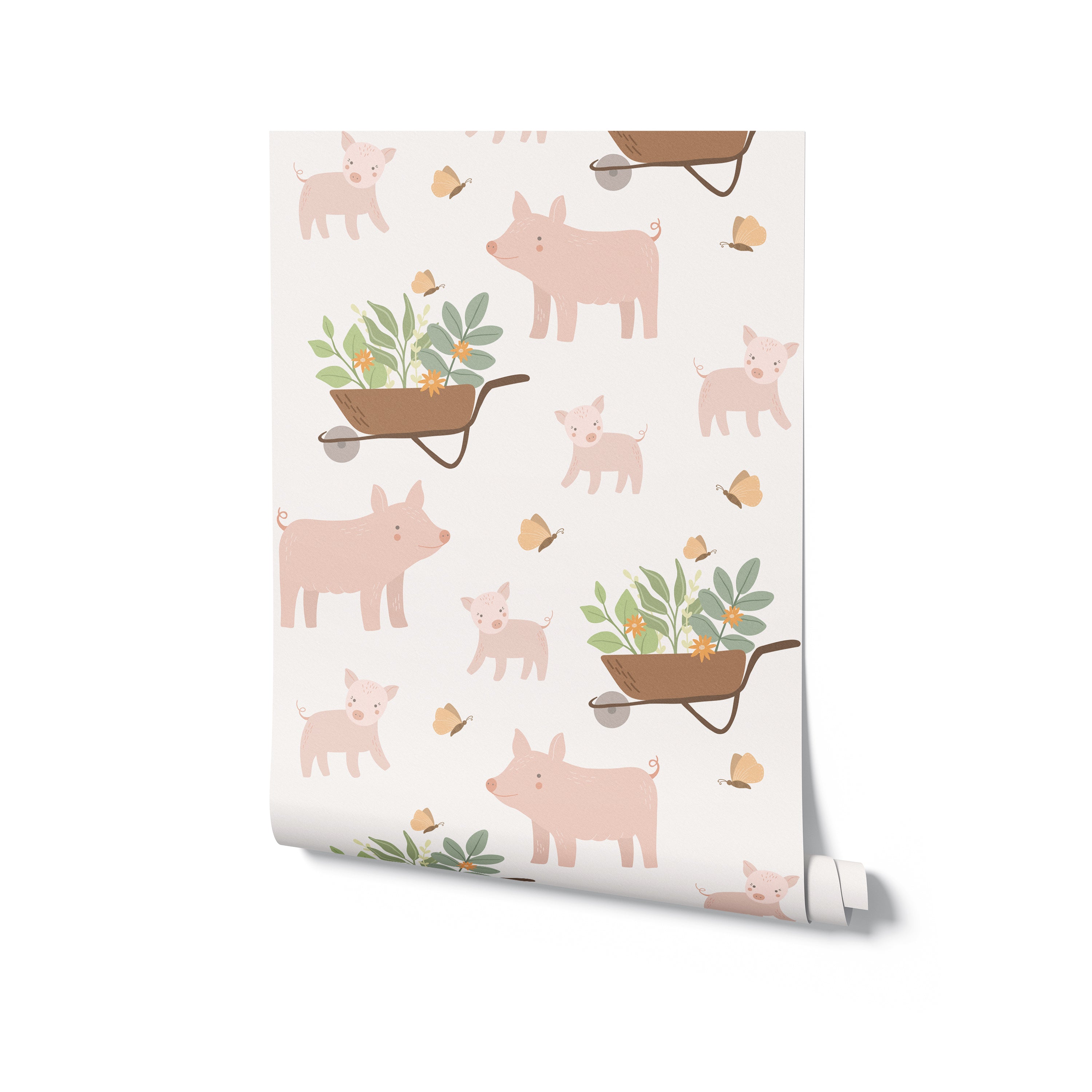 Roll of children's wallpaper displaying an adorable scene of pink pigs, green plants, and orange flowers in wheelbarrows, interspersed with butterflies, set against a light background, perfect for brightening up any play area or nursery