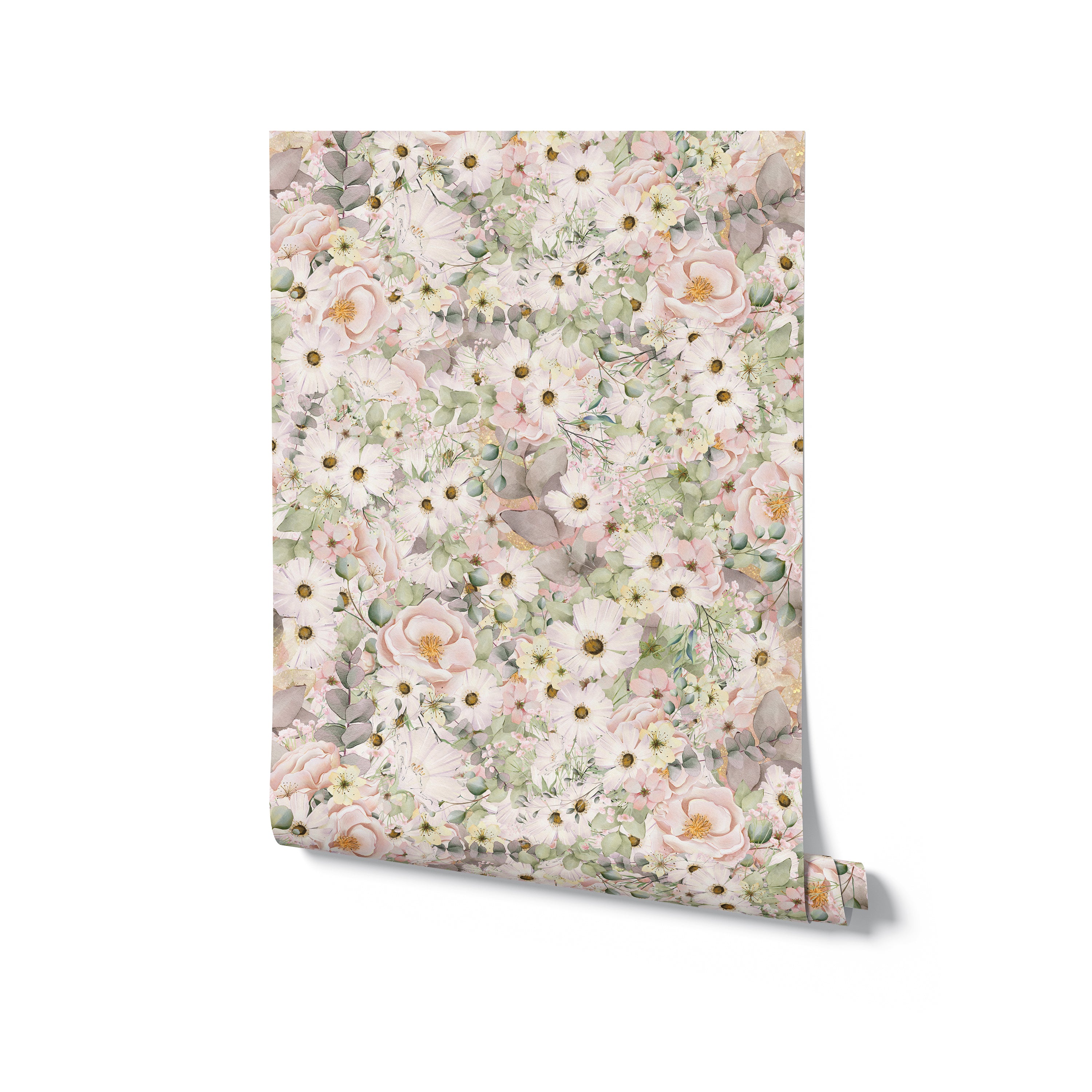 A rolled wallpaper depicting the Pink Fleur design, which features an intricate arrangement of pink flowers and greenery. The floral pattern is detailed and vibrant, perfect for adding a touch of nature's beauty to any room
