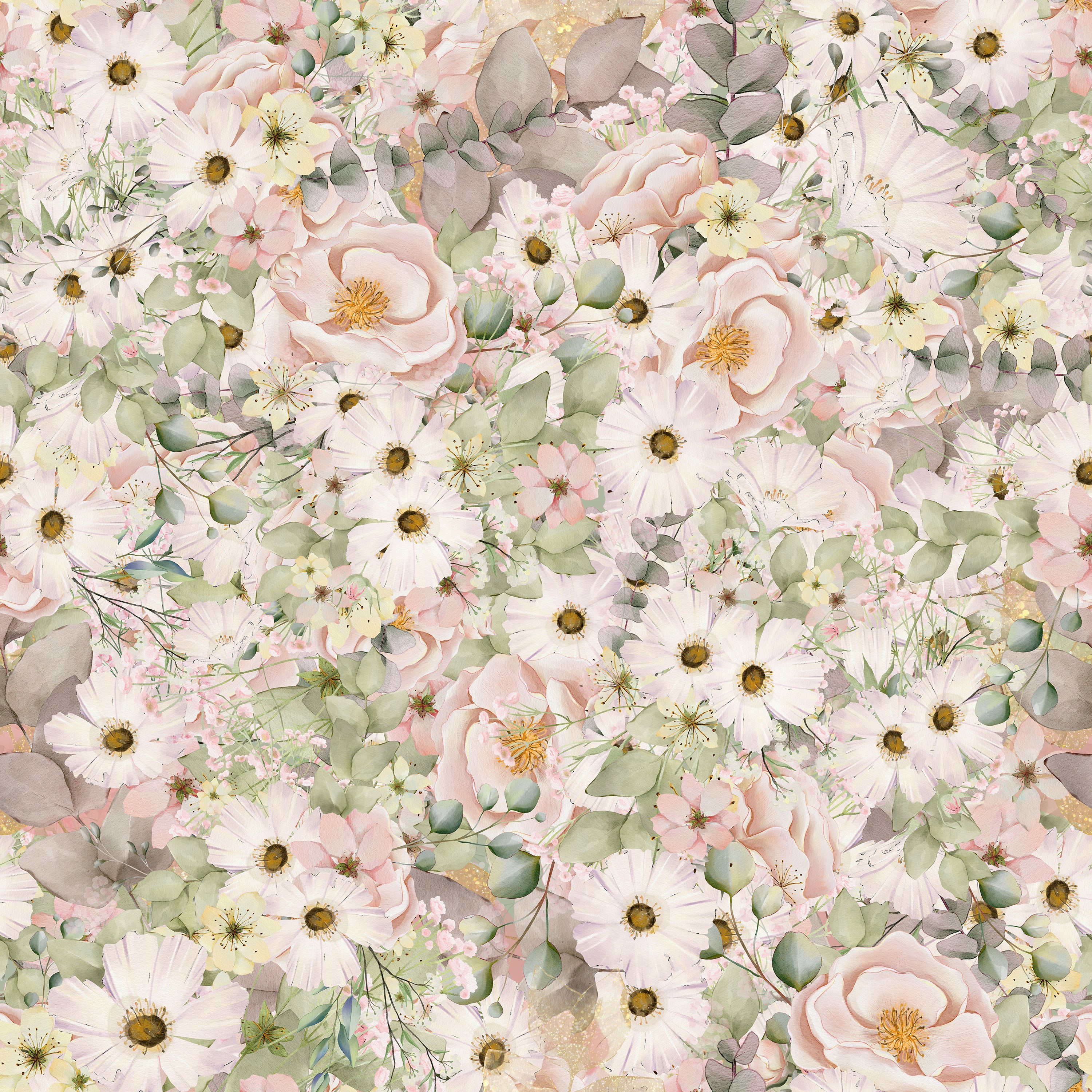 Dense floral wallpaper pattern featuring an array of soft pink roses, daisies, and other wildflowers intertwined with green foliage, creating a lush, romantic garden effect on a muted background