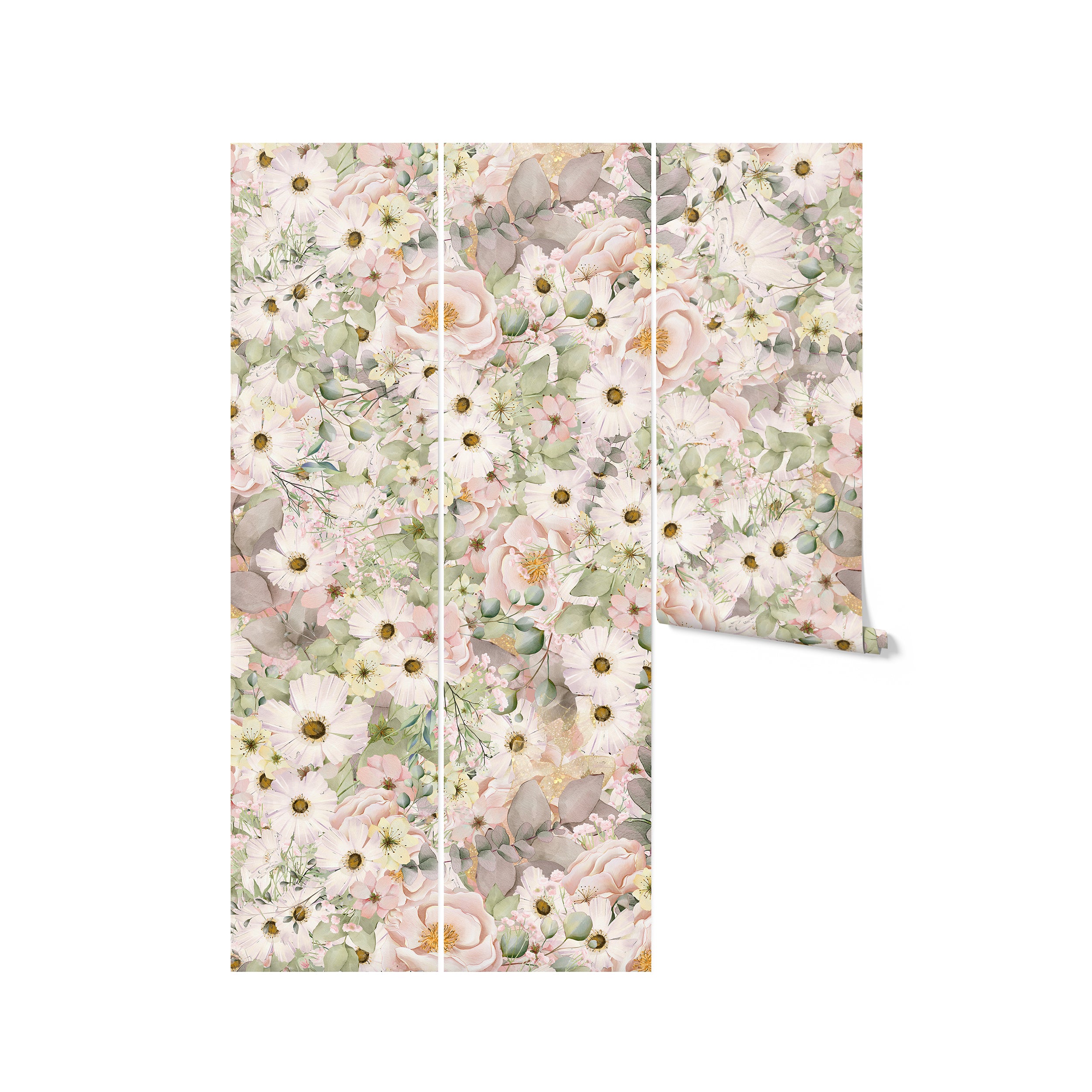 A roll of Pink Fleur Wallpaper - 75", showcasing the seamless floral design that combines soft pink tones with green foliage, ideal for adding a touch of elegance and freshness to any interior space