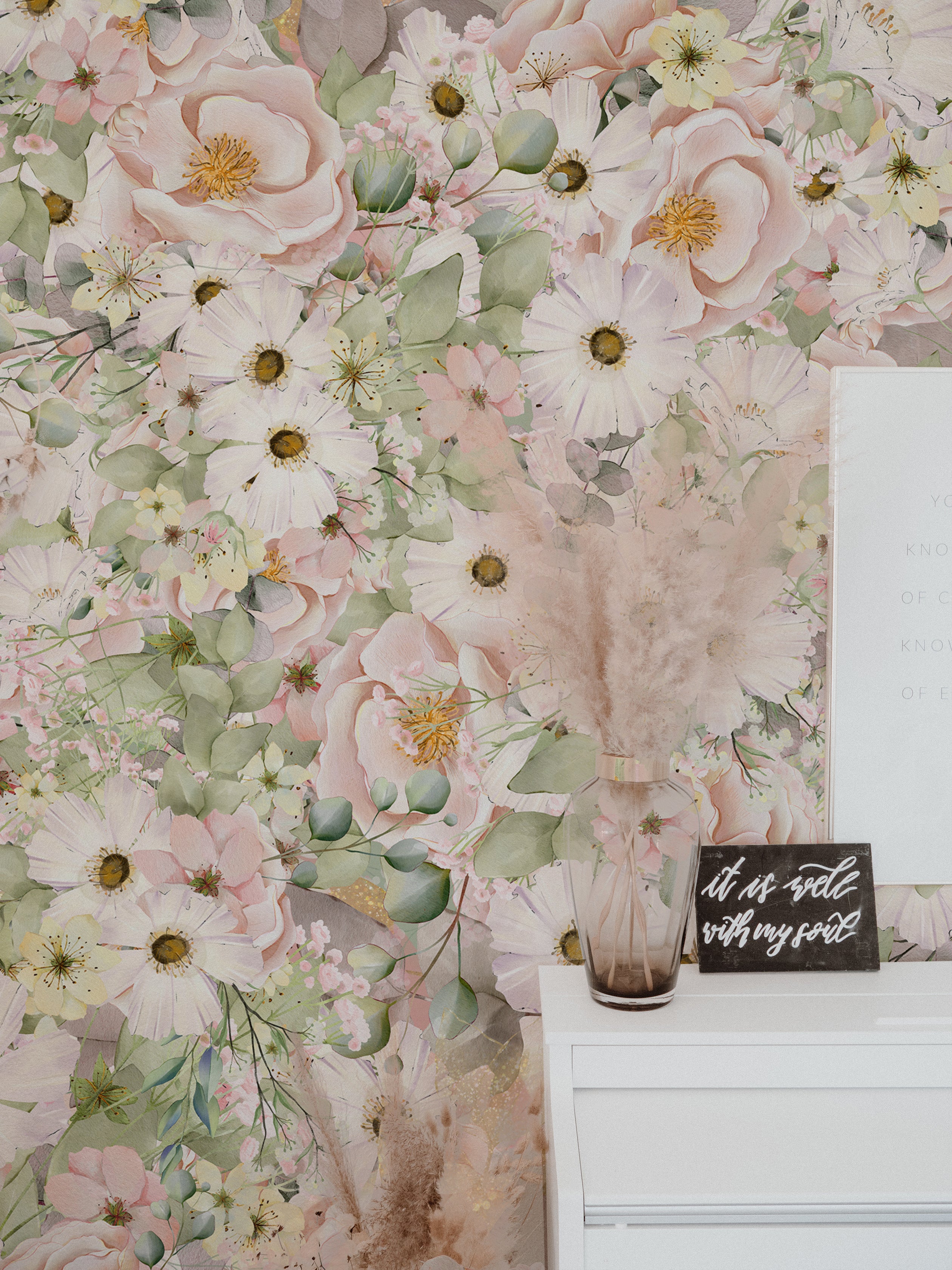 Interior view showing a section of a wall covered with Pink Fleur Wallpaper - 75", featuring lush, detailed flowers in soft pinks and whites with green leaves, enhancing the room with a vibrant yet delicate botanical atmosphere.