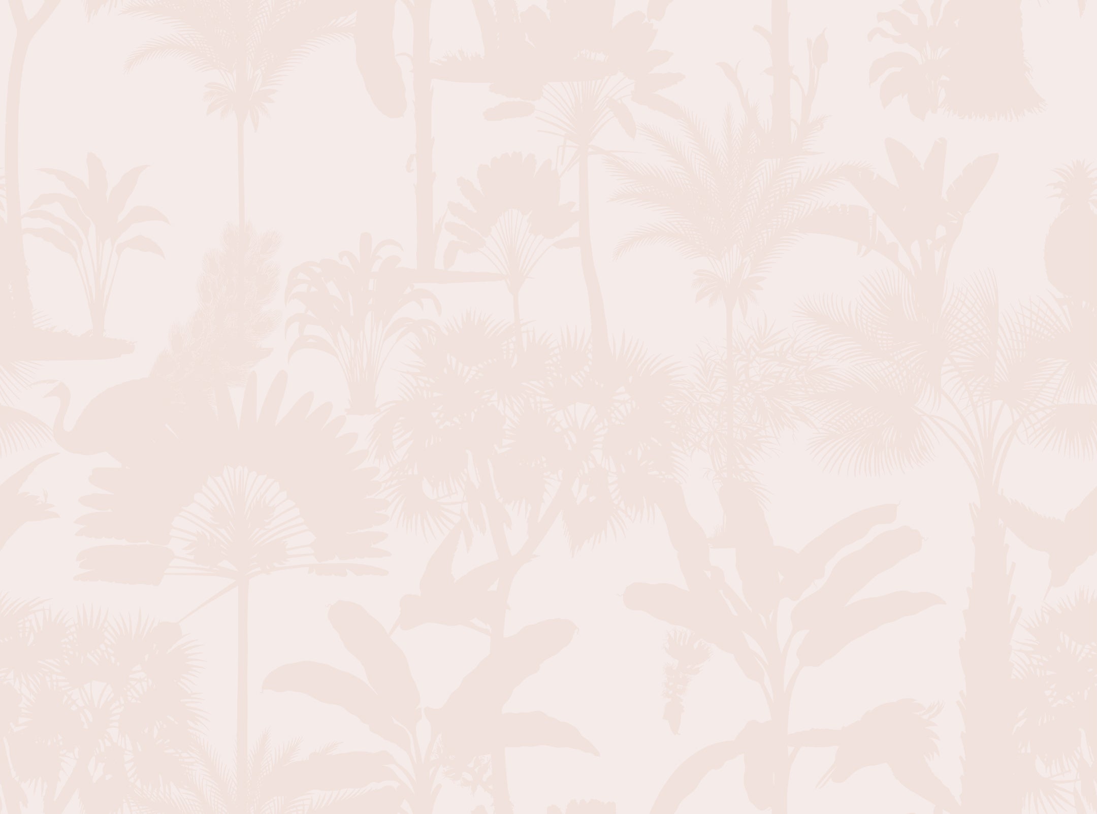 A monochromatic wallpaper featuring a soft pink background with white silhouettes of tropical foliage, including palms and fan leaves. This minimalist design combines nature-inspired shapes with a subtle color palette to create a calming atmosphere.