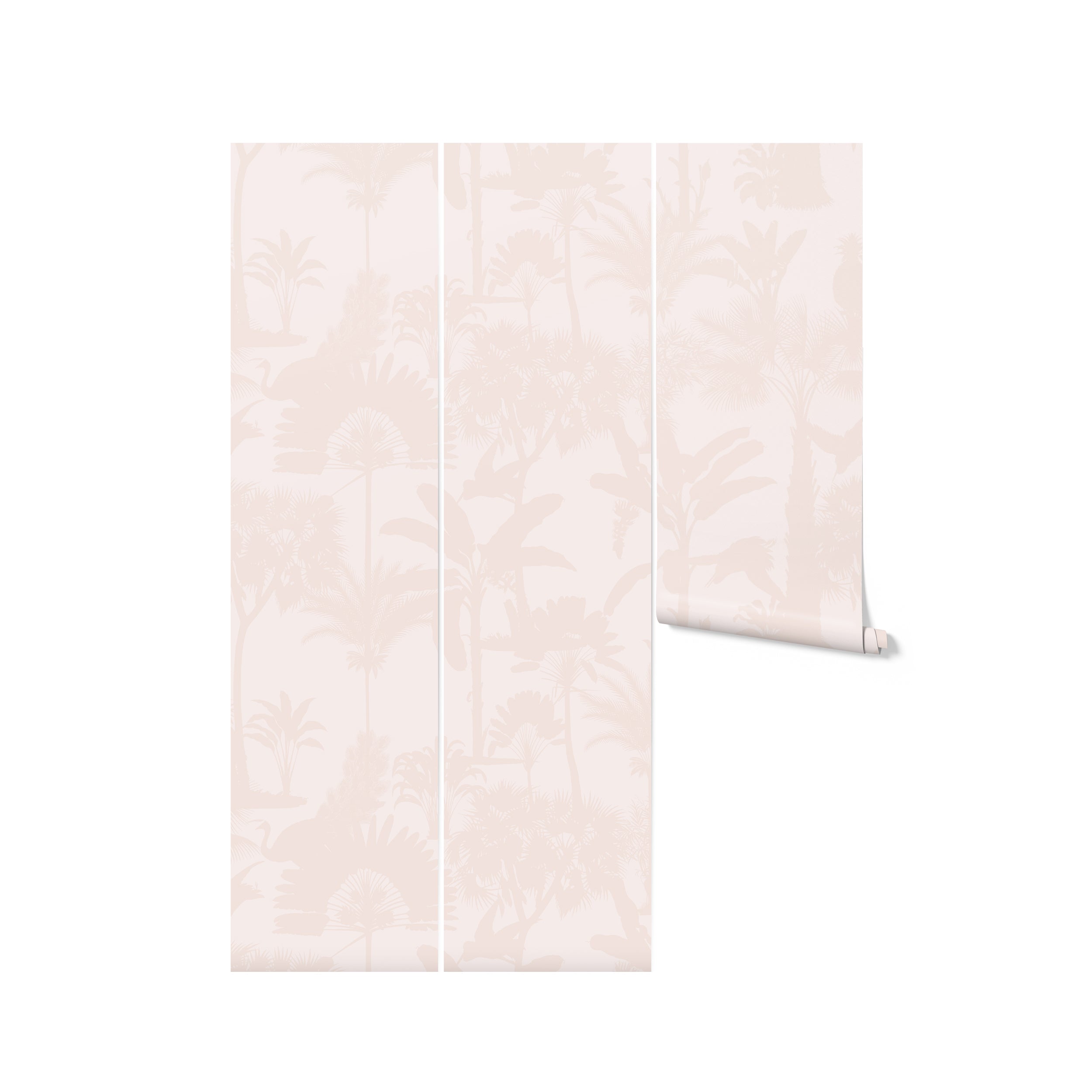 Vertical image of Exotic Silhouette Wallpaper panels, featuring delicate white outlines of tropical plants and trees on a soft pink background. The design exudes a peaceful and chic vibe, ideal for modern home decor.