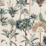 Richly detailed wallpaper pattern featuring an array of tropical plants and birds, including palm fronds, peacocks, and flying cranes, set against an ecru background. This vibrant design brings an exotic touch to any interior space.