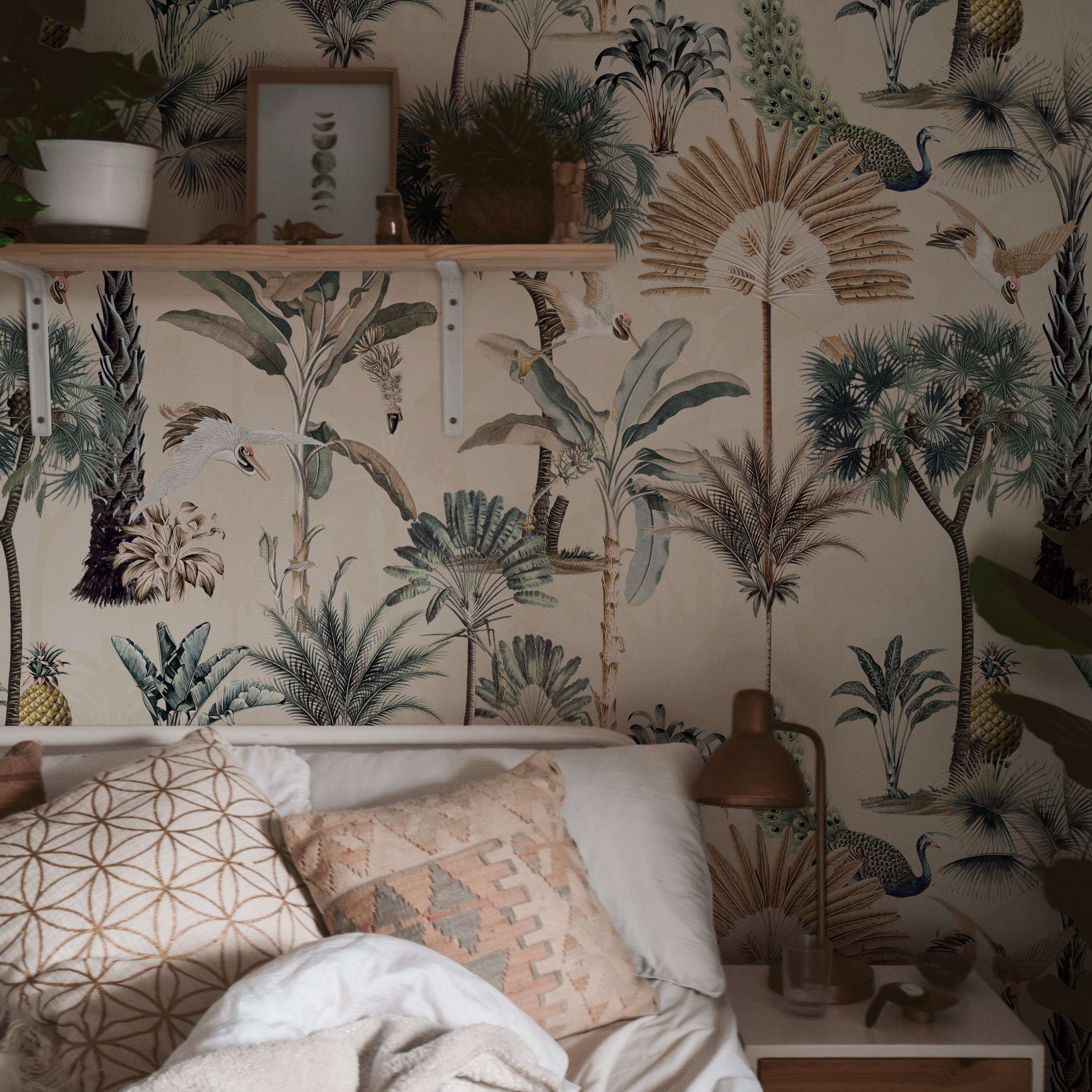 Close-up view of a bedroom wall covered with Exotic Ecru Wallpaper, emphasizing the intricate details of palm leaves, birds, and tropical plants on a neutral background, complementing the room's earthy and natural decor