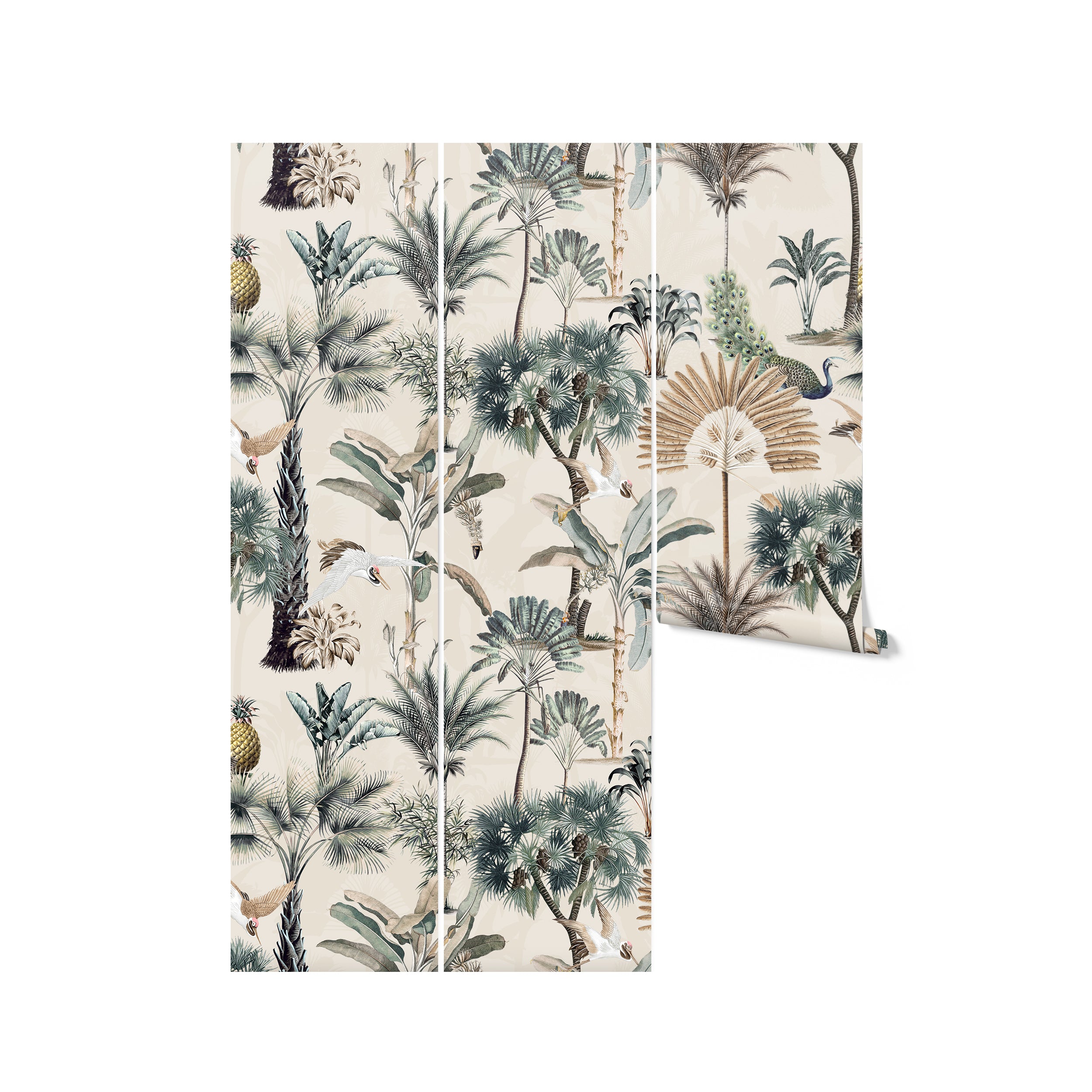 Vertical image showing a panel of Exotic Ecru Wallpaper, with its elaborate tropical theme including palms, peacocks, and other exotic plants. The detailed artwork and subtle colors make it a statement piece for any room