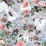 A detailed and vibrant wallpaper pattern featuring an elegant mix of peonies, cranes, and traditional Japanese architecture set against a pale grey background. This illustration captures the serene beauty of a stylized oriental garden