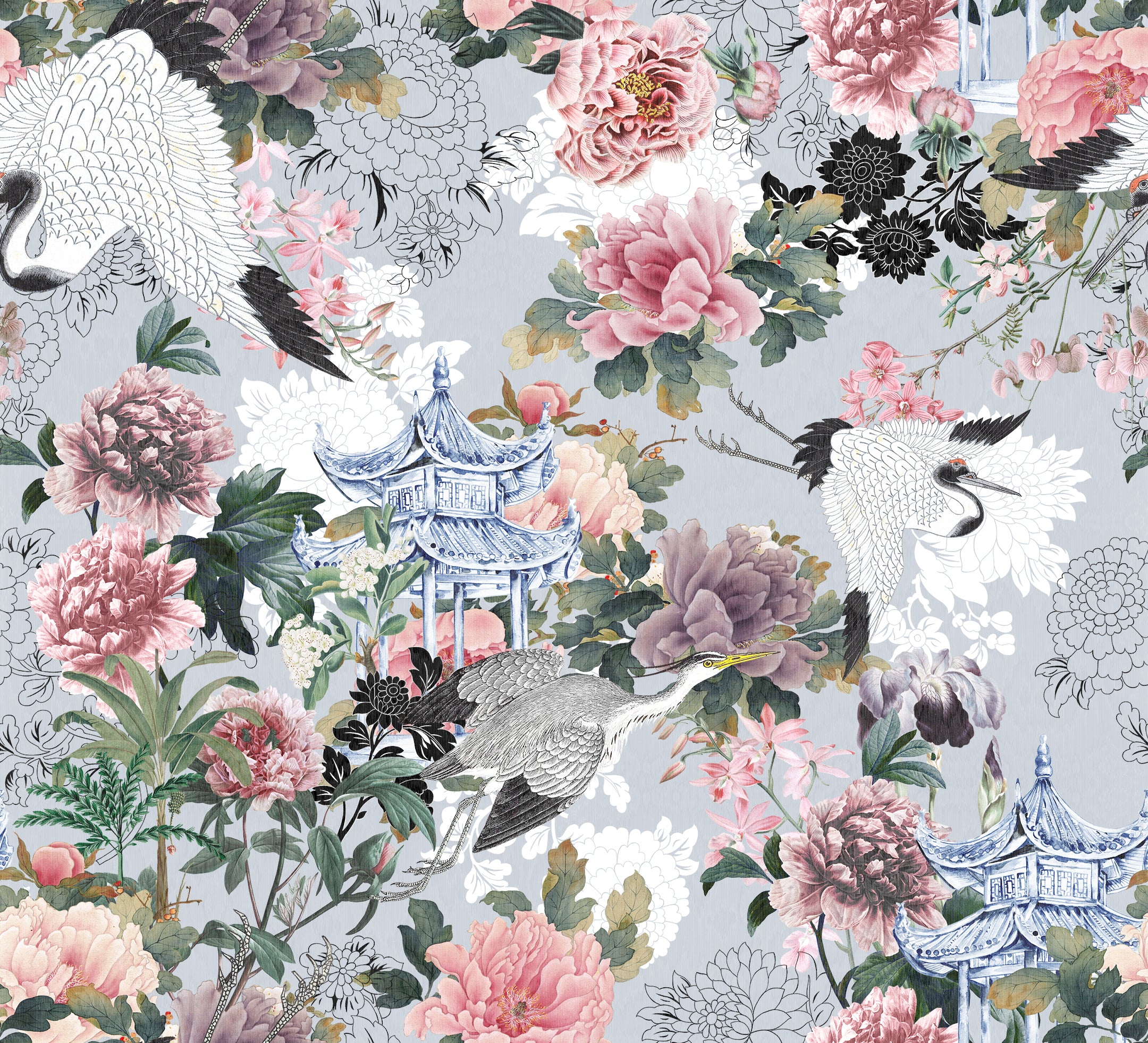A detailed and vibrant wallpaper pattern featuring an elegant mix of peonies, cranes, and traditional Japanese architecture set against a pale grey background. This illustration captures the serene beauty of a stylized oriental garden