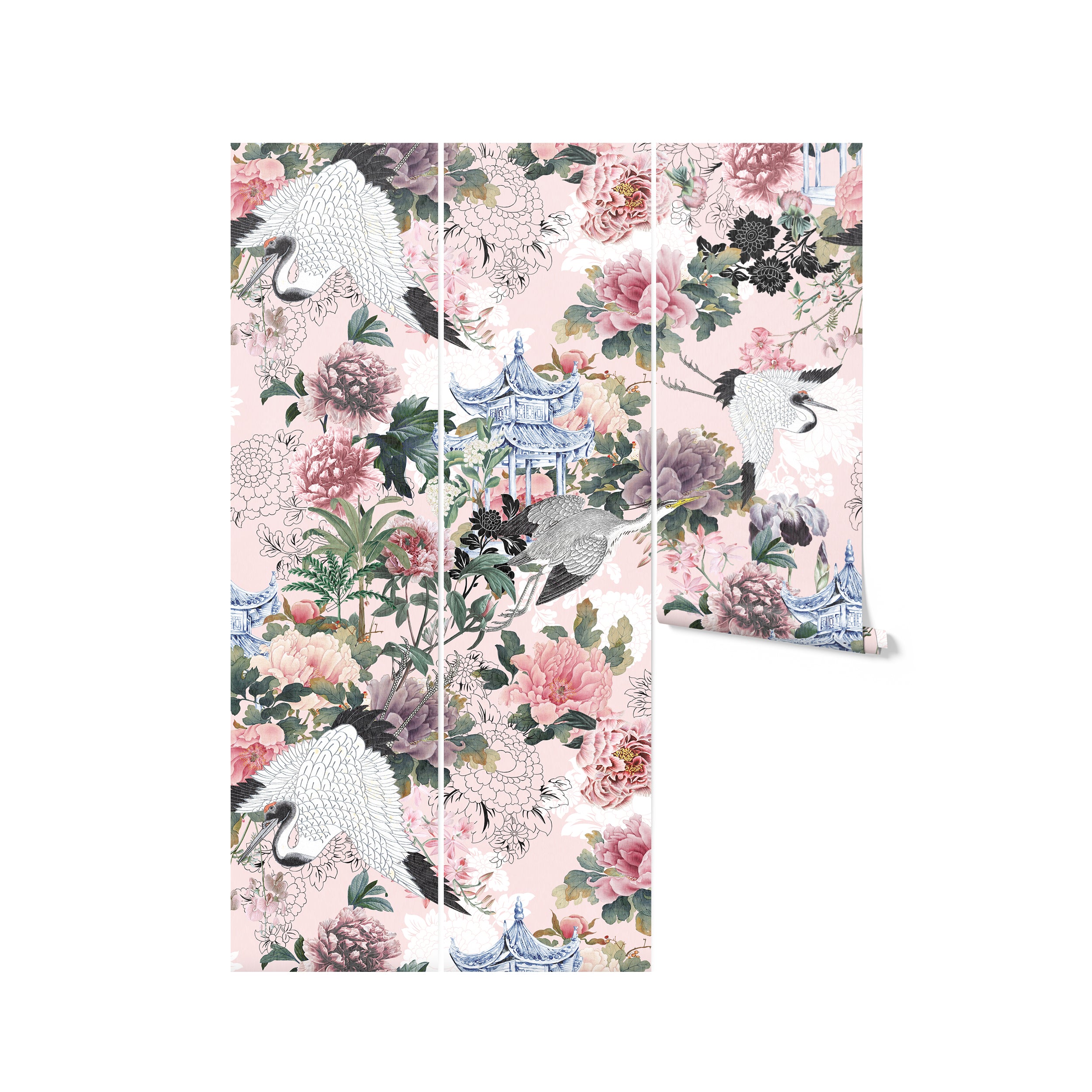 Roll of Pink Kyoto Dreams Wallpaper showcasing the intricate design with flowers, birds, and architectural elements in a harmonious pink and gray palette, perfect for adding a sophisticated and cultural flair to any room.