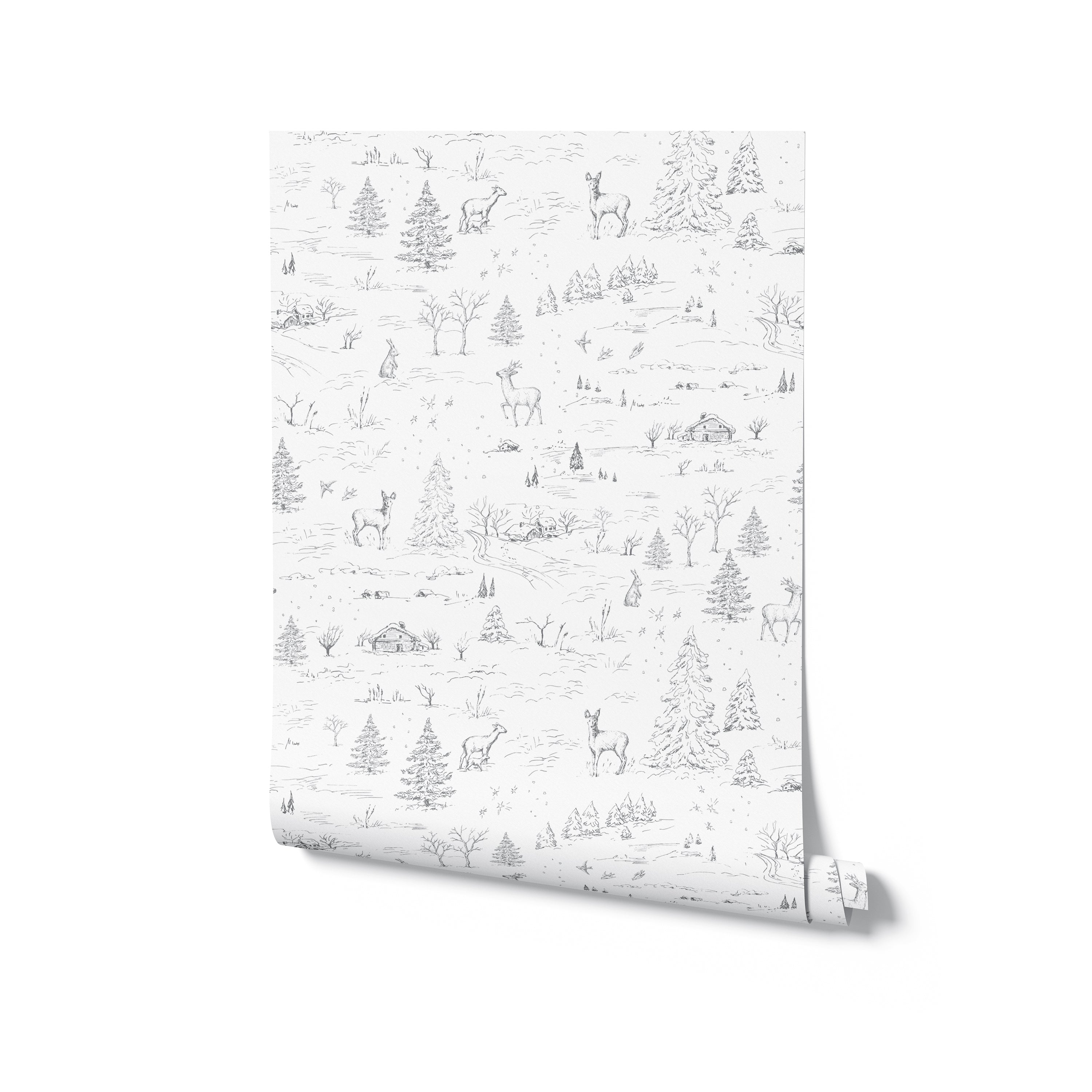 A rolled-up wallpaper with a sketch-like design featuring winter scenery and animals, primarily in white, hinting at a monochrome aesthetic for interior design