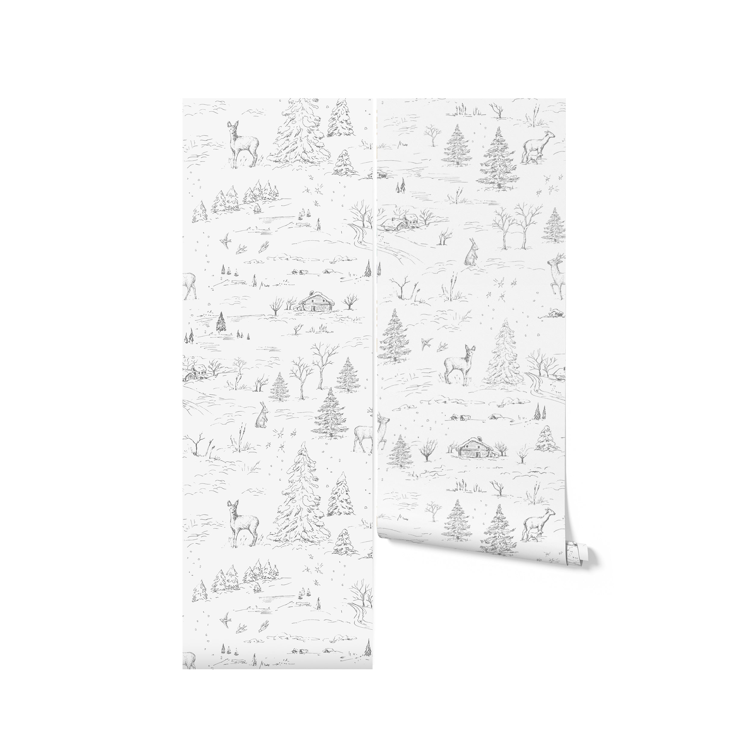 A single roll of winter-themed wallpaper featuring a monochrome sketch of a pastoral scene with deer, pine trees, and cozy cabins, all delicately illustrated against a white background