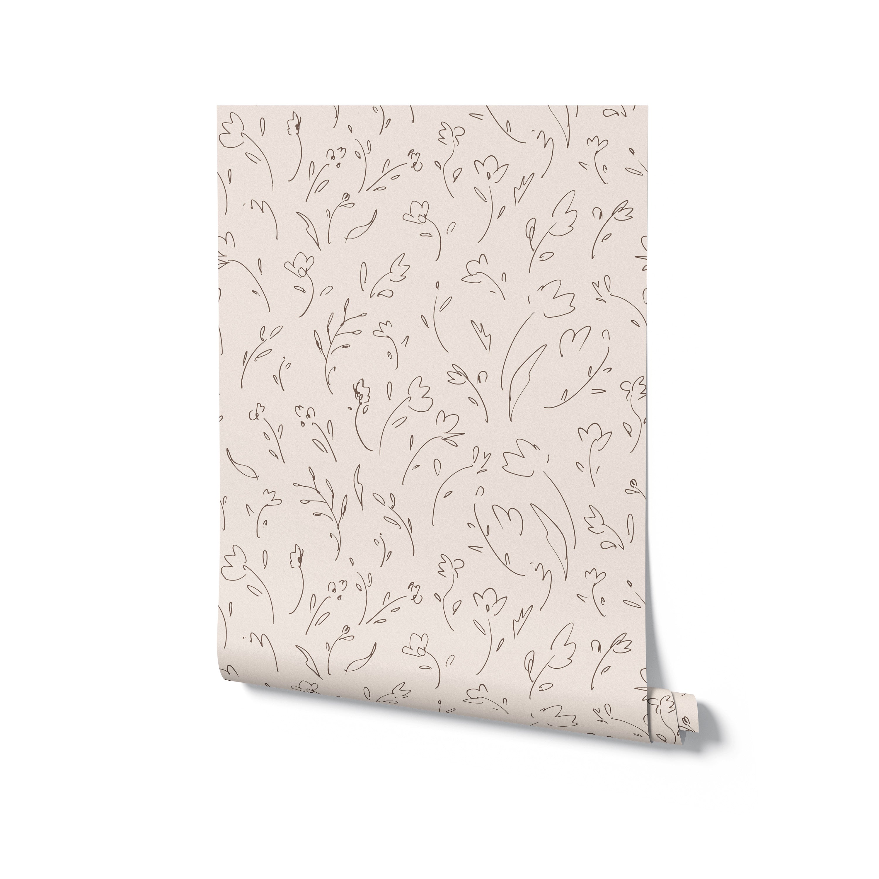 A roll of elegant floral wallpaper featuring a continuous line drawing of flowers and leaves, suggesting a minimalist yet warm design suitable for a variety of contemporary interiors.