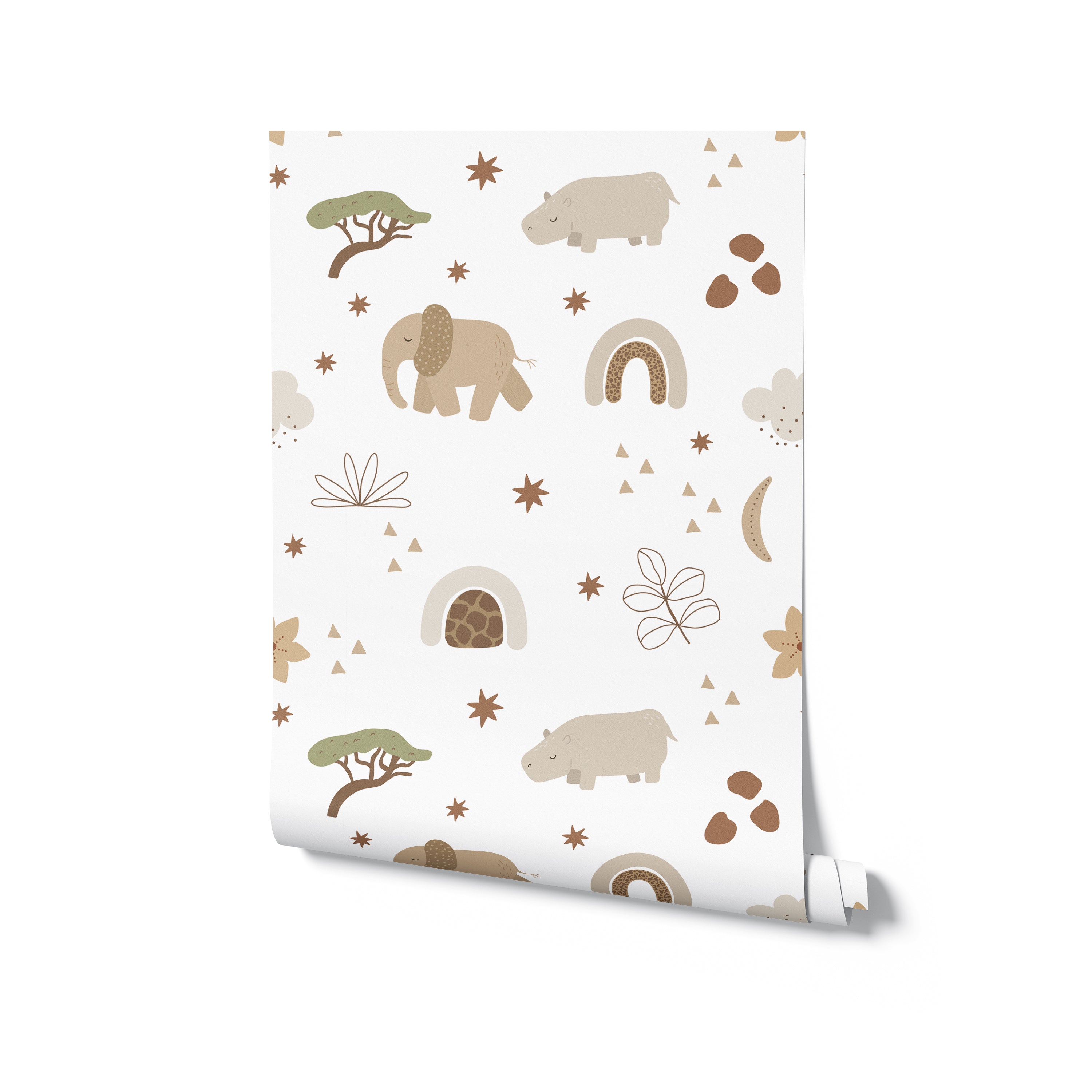 Roll of Safari Animals Kids Wallpaper III, displaying a serene pattern of safari animals and nature motifs in soft, neutral colors on a white base. This wallpaper is perfect for adding a playful yet soothing atmosphere to nurseries or young children's bedrooms