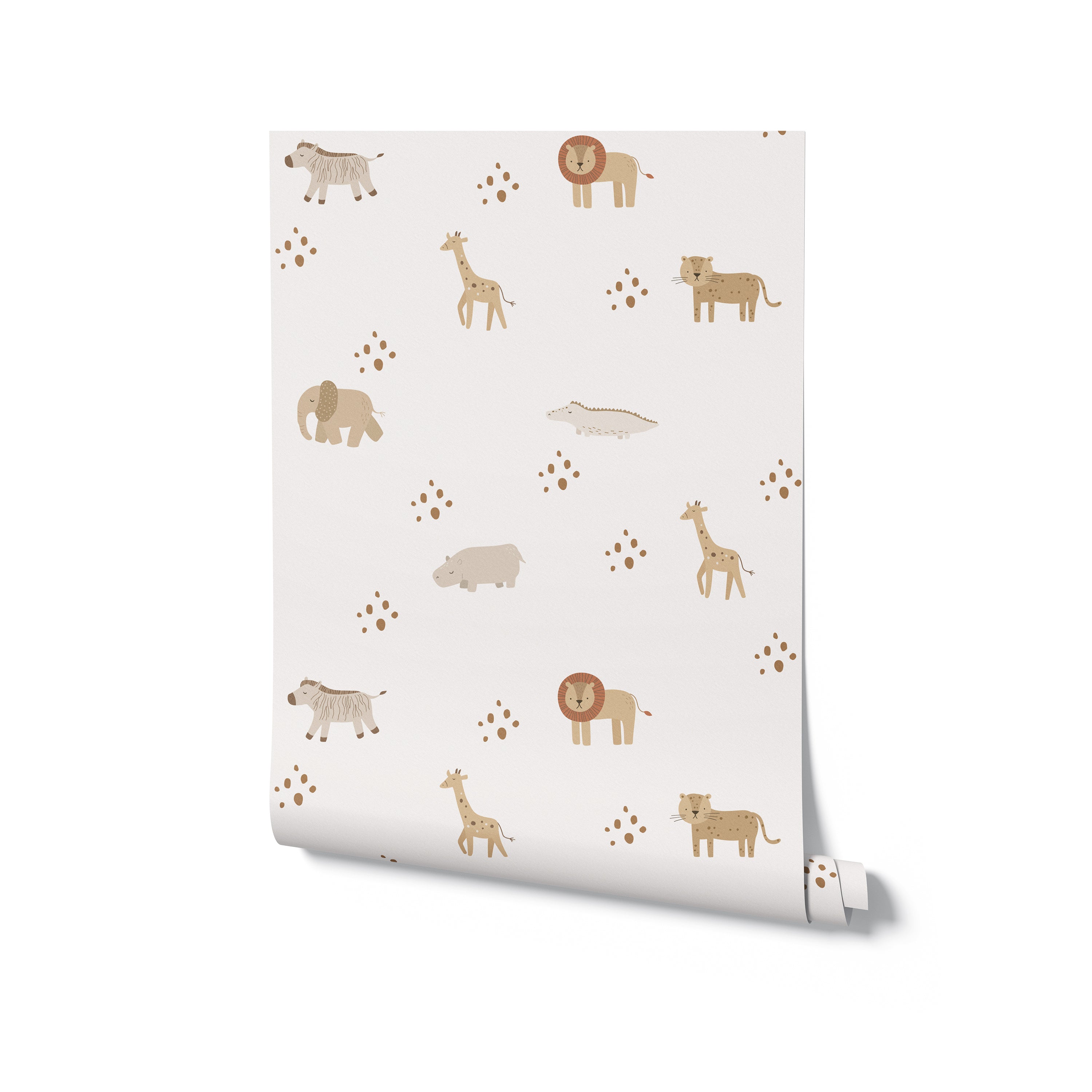 A roll of Safari Animals Kids Wallpaper showing a continuous pattern of adorable safari creatures and paw prints in neutral tones on an off-white background, offering a playful and kid-friendly design ideal for creating a charming nursery or playroom.