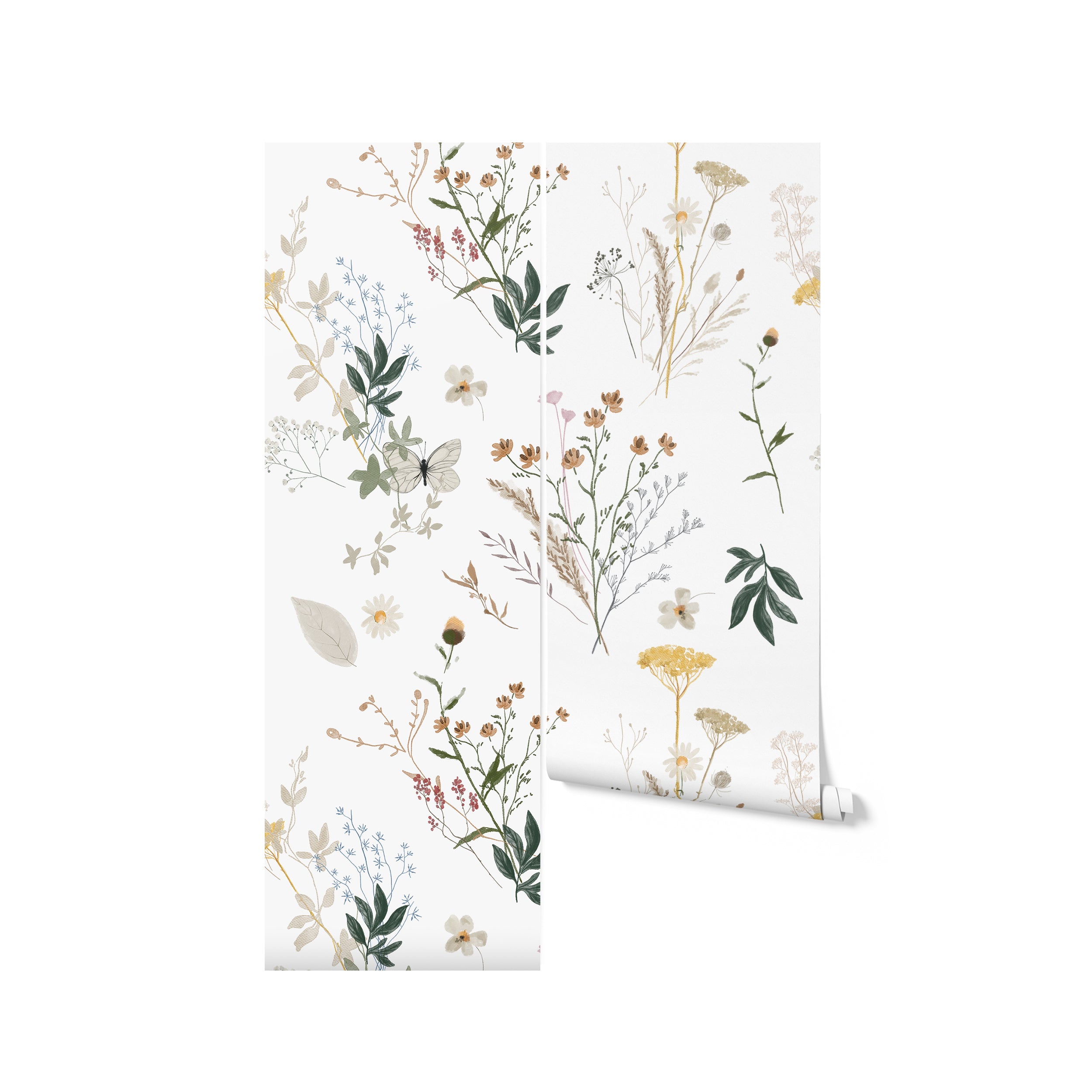 A roll of Aerie Floral Wallpaper unfurled slightly to reveal its intricate pattern of various garden flowers, leaves, and butterflies in soft, pastel colors. The design evokes a peaceful and elegant atmosphere, suitable for enhancing any living space with a touch of nature.