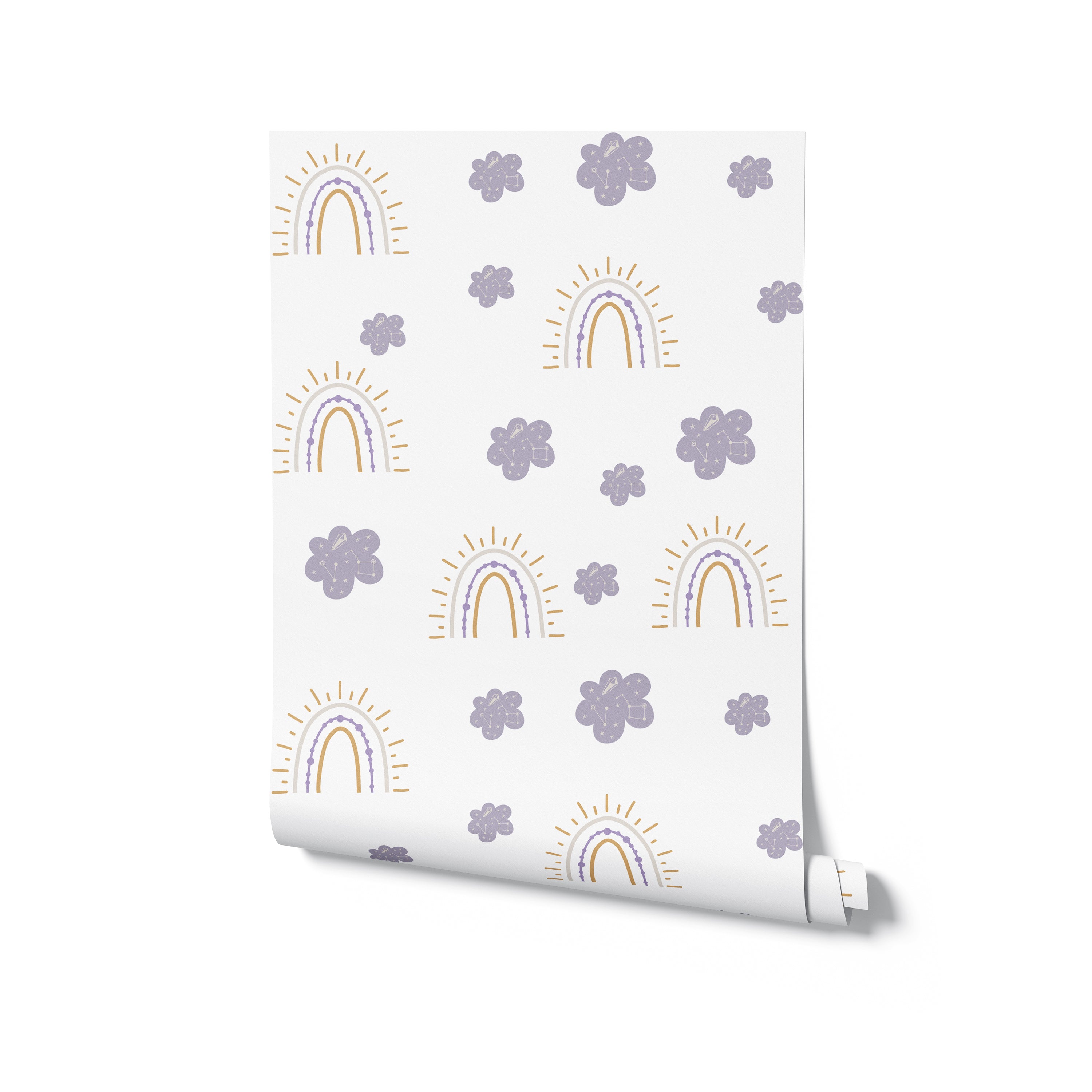 A roll of Rainbow and Clouds Kids Wallpaper with a charming pattern of colorful rainbows and cute clouds on a clean white base, ideal for adding a touch of whimsy and color to any nursery or playroom