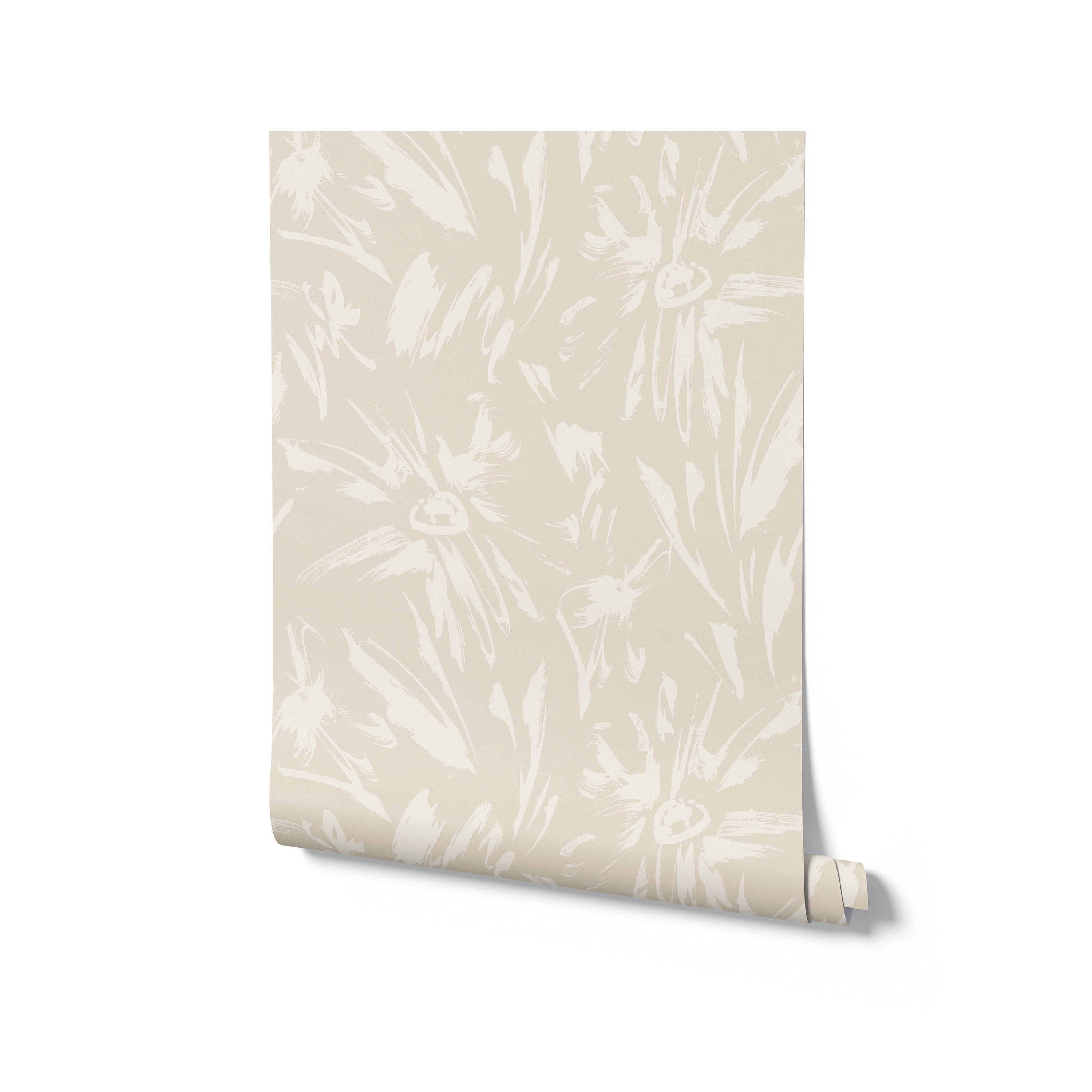 A roll of Ecru Floral Sketch Wallpaper - 25", partially unrolled to showcase the gentle floral sketch design in beige on a soft ecru backdrop. This wallpaper brings a touch of nature's whimsy and a neutral palette that easily integrates into a variety of interior styles