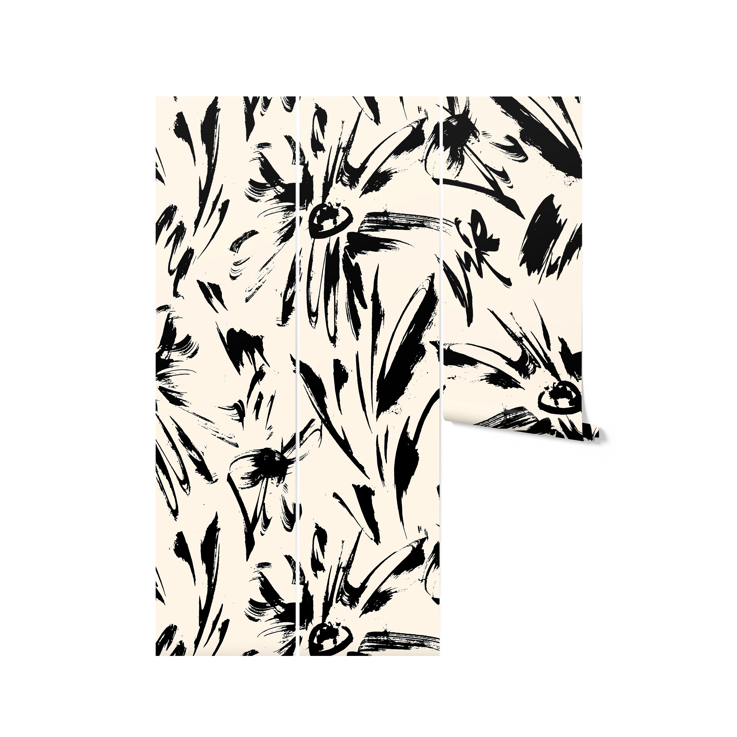 A roll of Modern Floral Sketch Wallpaper - 75", partially unrolled to reveal its striking pattern of black abstract floral designs on a white background. This wallpaper is ideal for making a bold statement in contemporary or avant-garde interior designs.