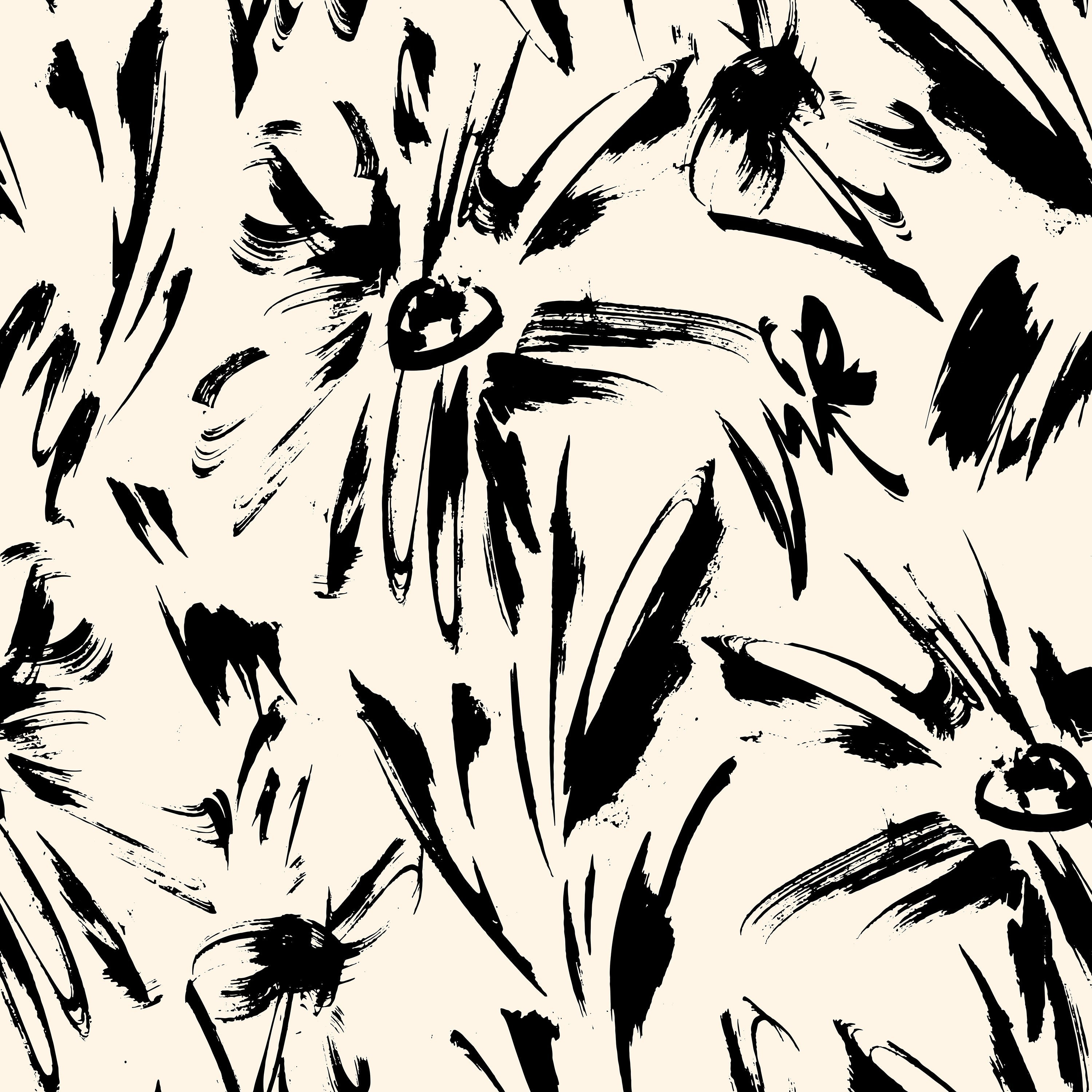 Close-up view of the Modern Floral Sketch Wallpaper - 25", featuring bold black brushstroke floral designs on a white background. The abstract and expressive style of the flowers adds a dynamic and artistic touch to any space.