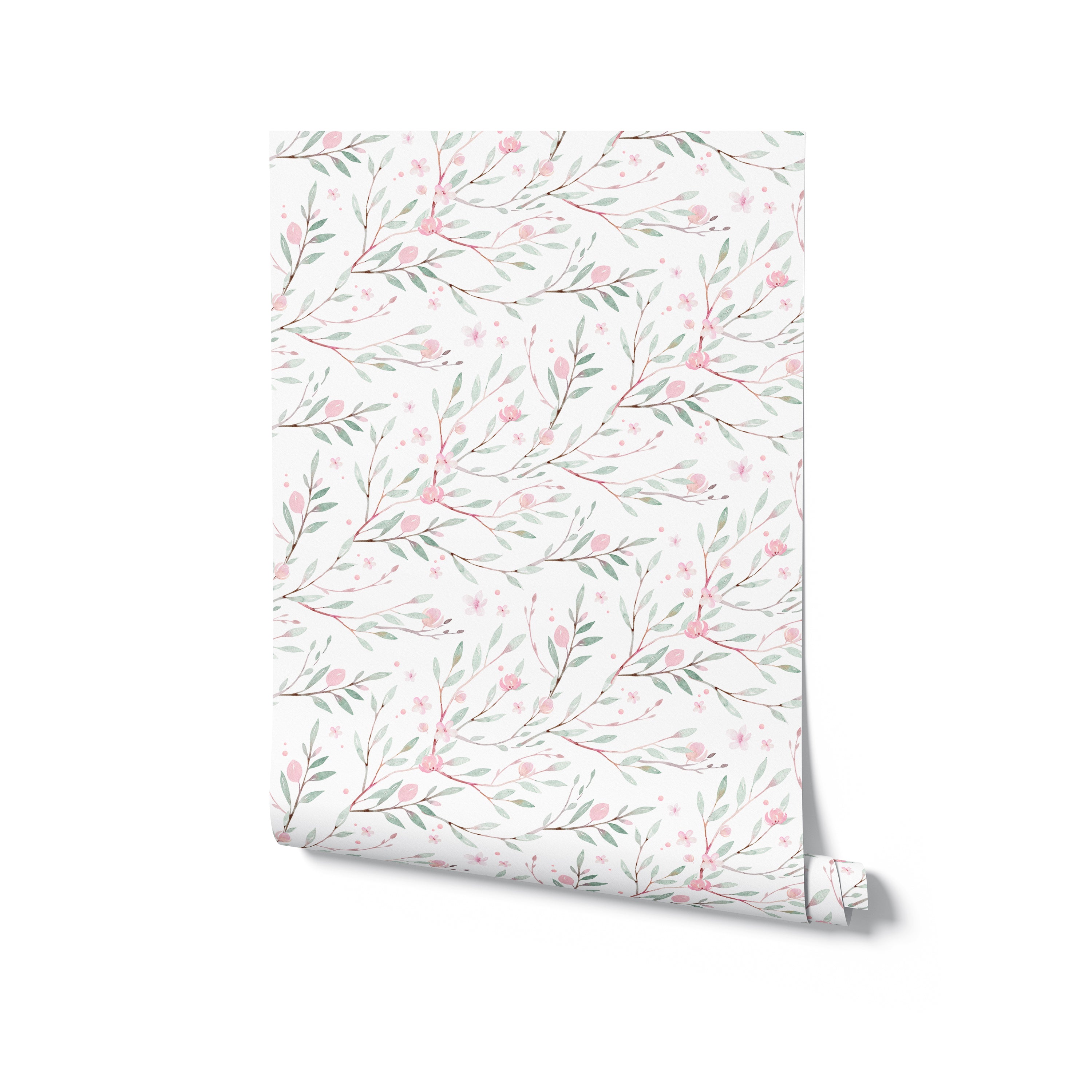 Watercolour Spring Bird Wallpaper - Multi featuring a delicate pattern of pink blossoms and soft green leaves intertwined on a light background, ideal for adding a touch of spring freshness to any room