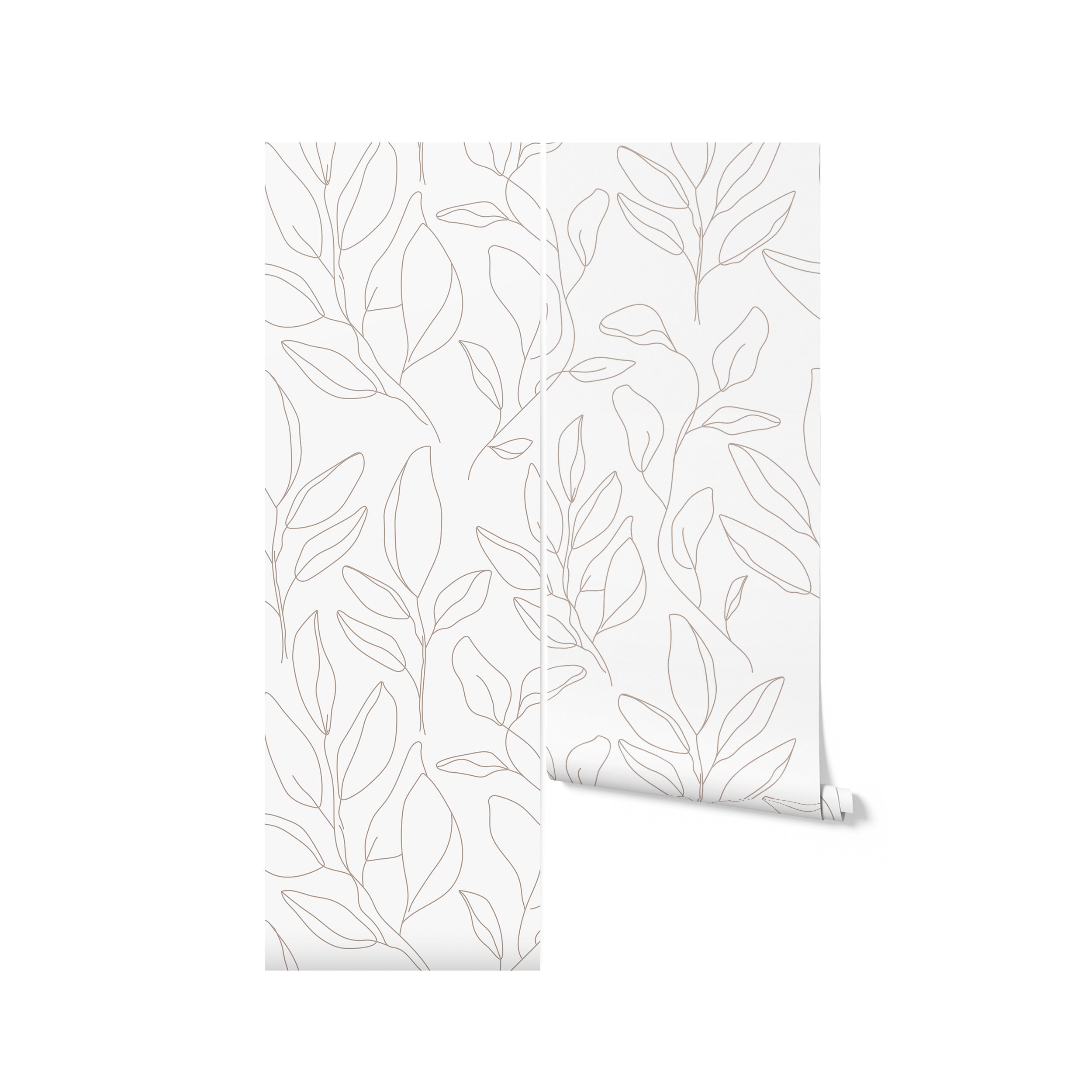 Floral Line Abstract Wallpaper - Beige displayed in two vertical panels, showcasing the elegant and minimalist line art design of abstract leaves in beige on a light background, perfect for adding a touch of sophistication to any room.