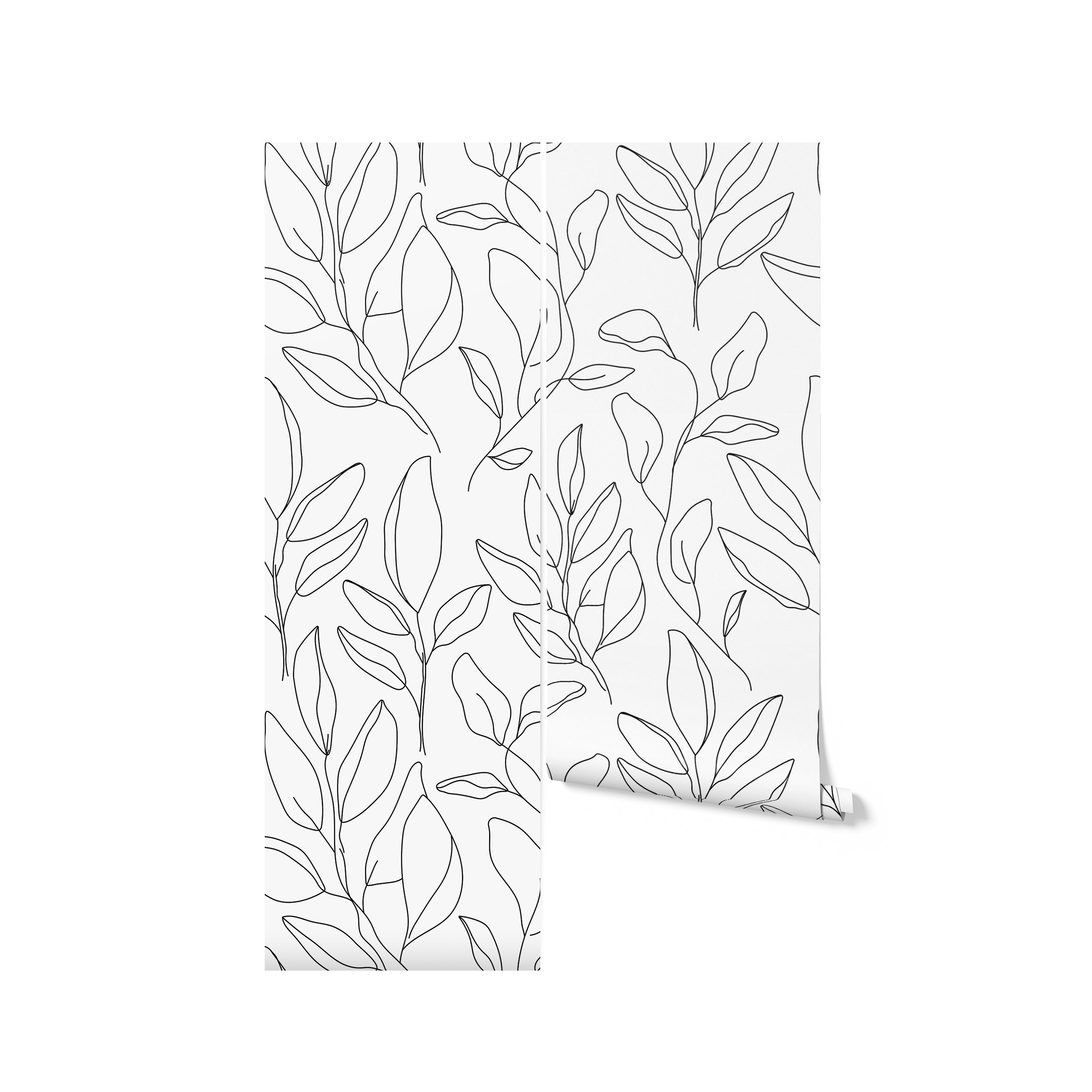 A mockup of a roll of white wallpaper with a black floral pattern, demonstrating the design and texture of the wallpaper.