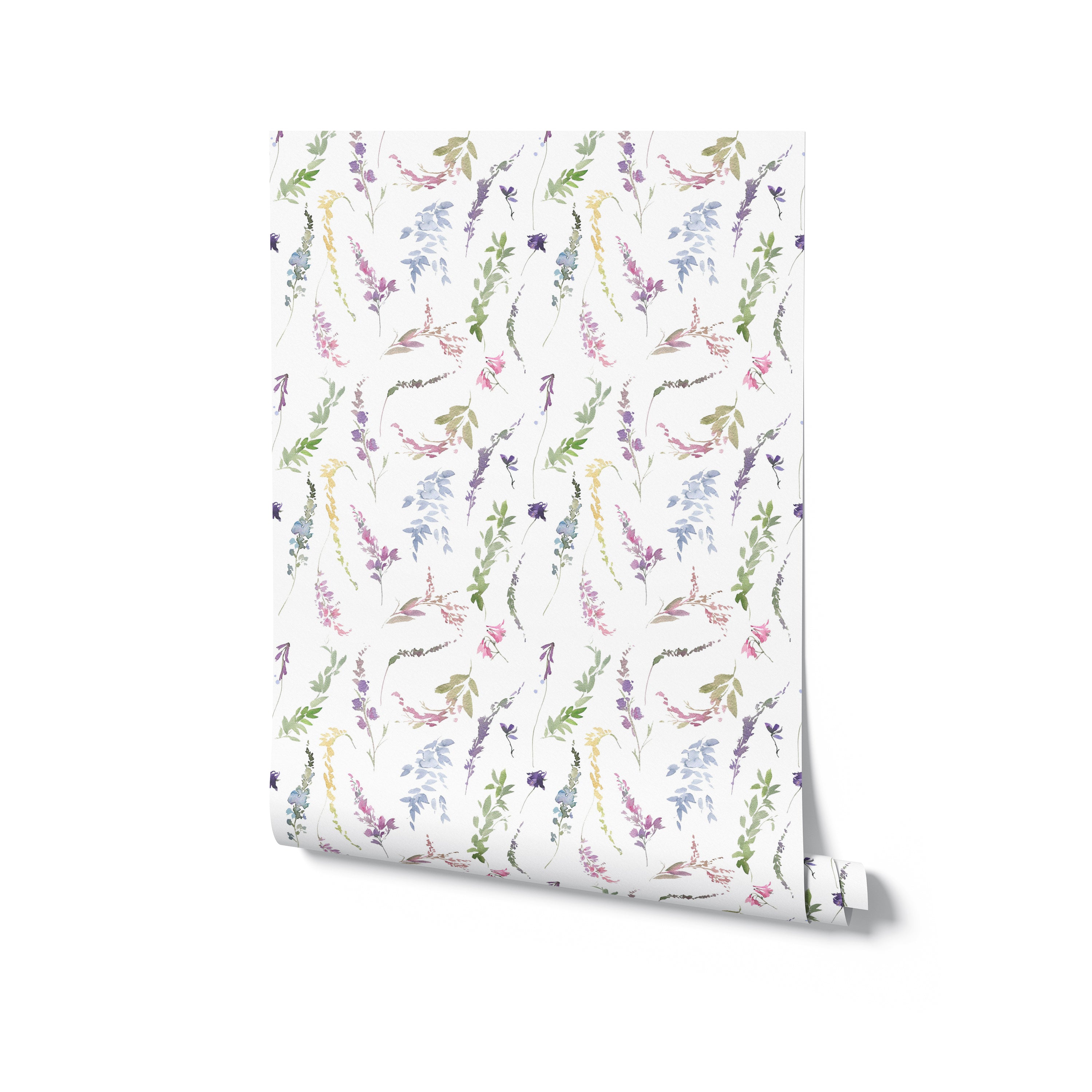Mockup of the Spring Fling Wallpaper roll showcasing the full pattern of watercolor wildflowers and foliage in pastel colors on a white background, perfect for adding a fresh and lively touch to any room