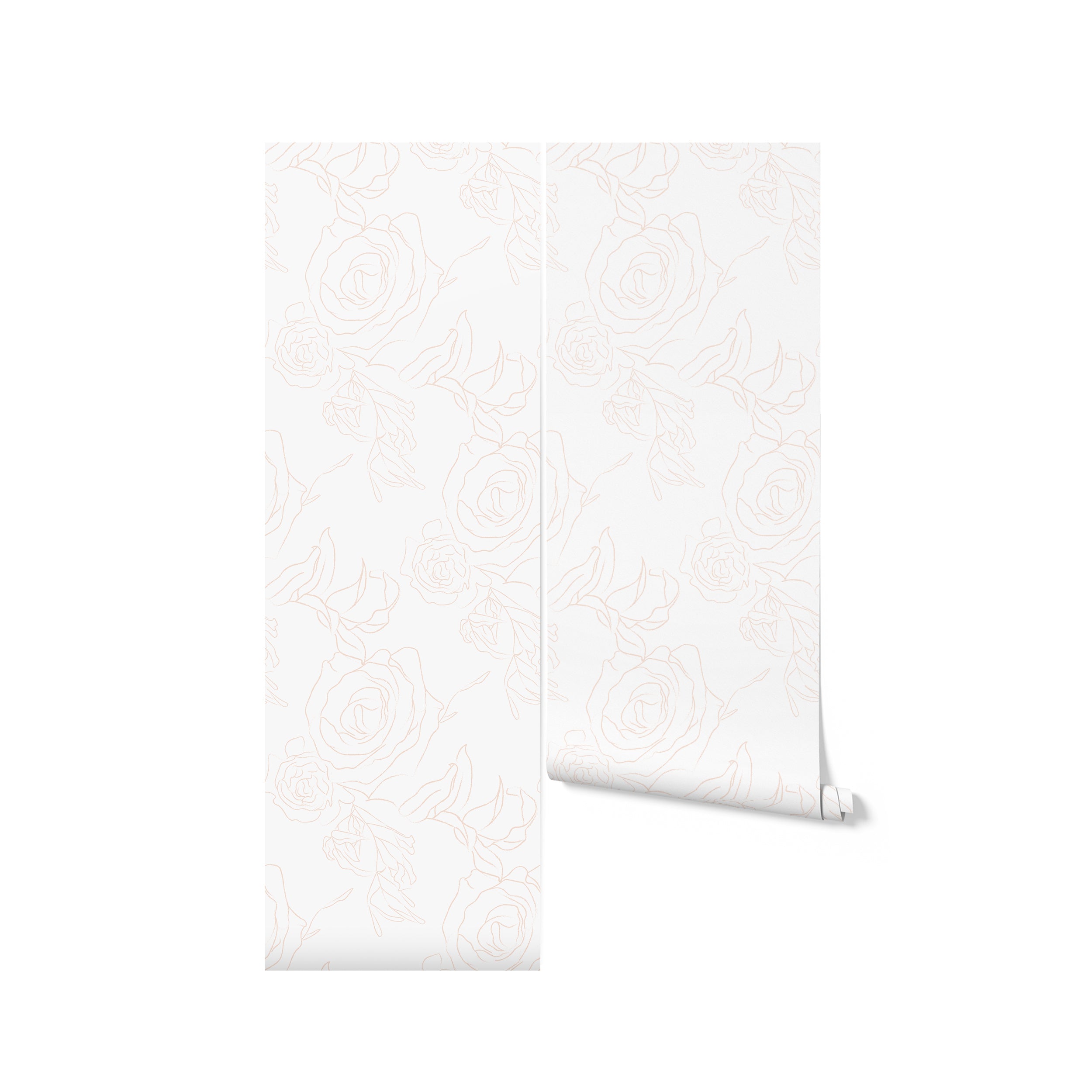 A roll of Minimal Floral Line Wallpaper displayed against a white backdrop, featuring a seamless pattern of rose sketches with thin copper lines, combining the beauty of nature with a clean, minimalist design suitable for a variety of modern interior spaces.