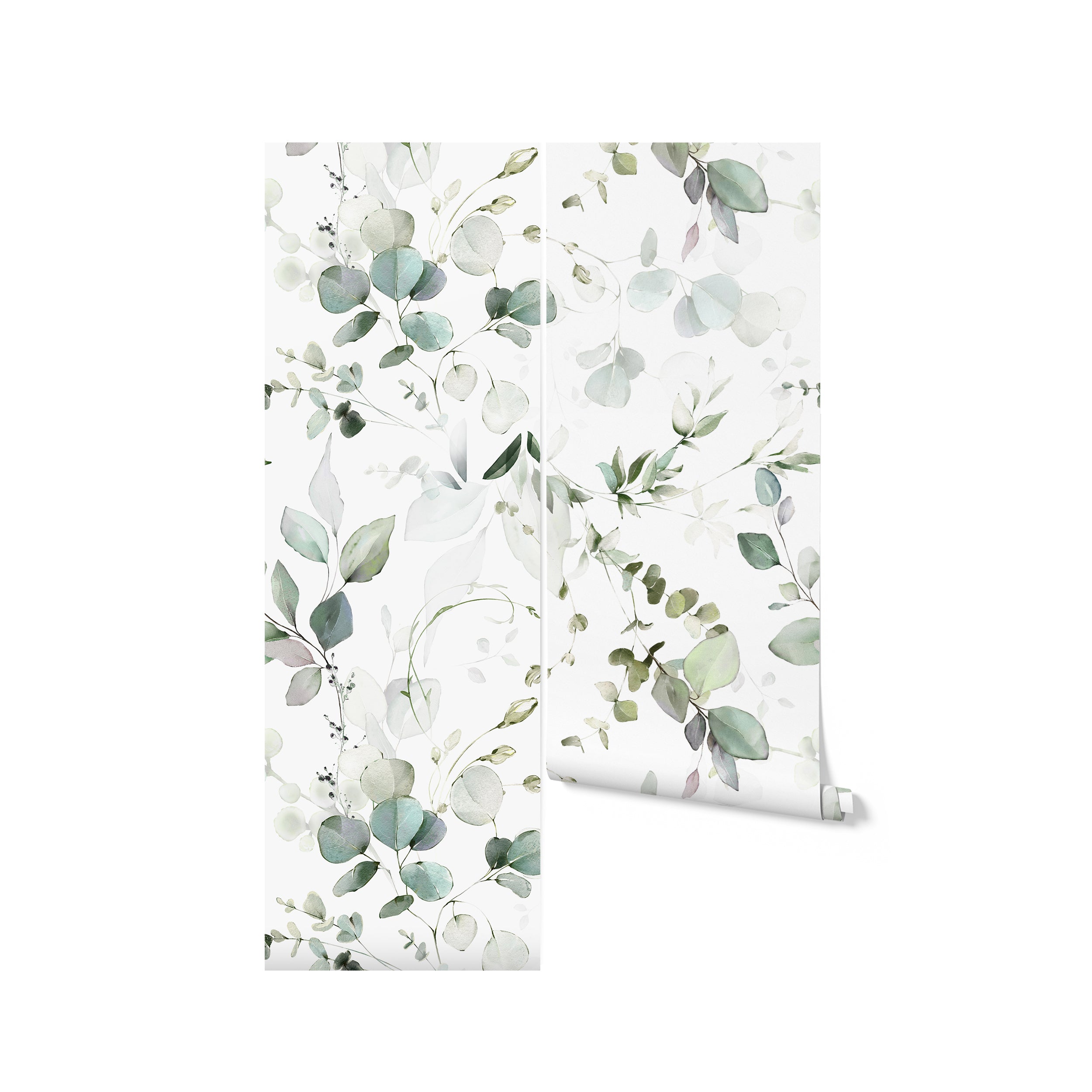 A rolled wallpaper sample illustrating the full Eucalyptus design with an assortment of eucalyptus leaves in watercolor shades of green, suggesting a tranquil and refreshing ambiance for interior decoration.