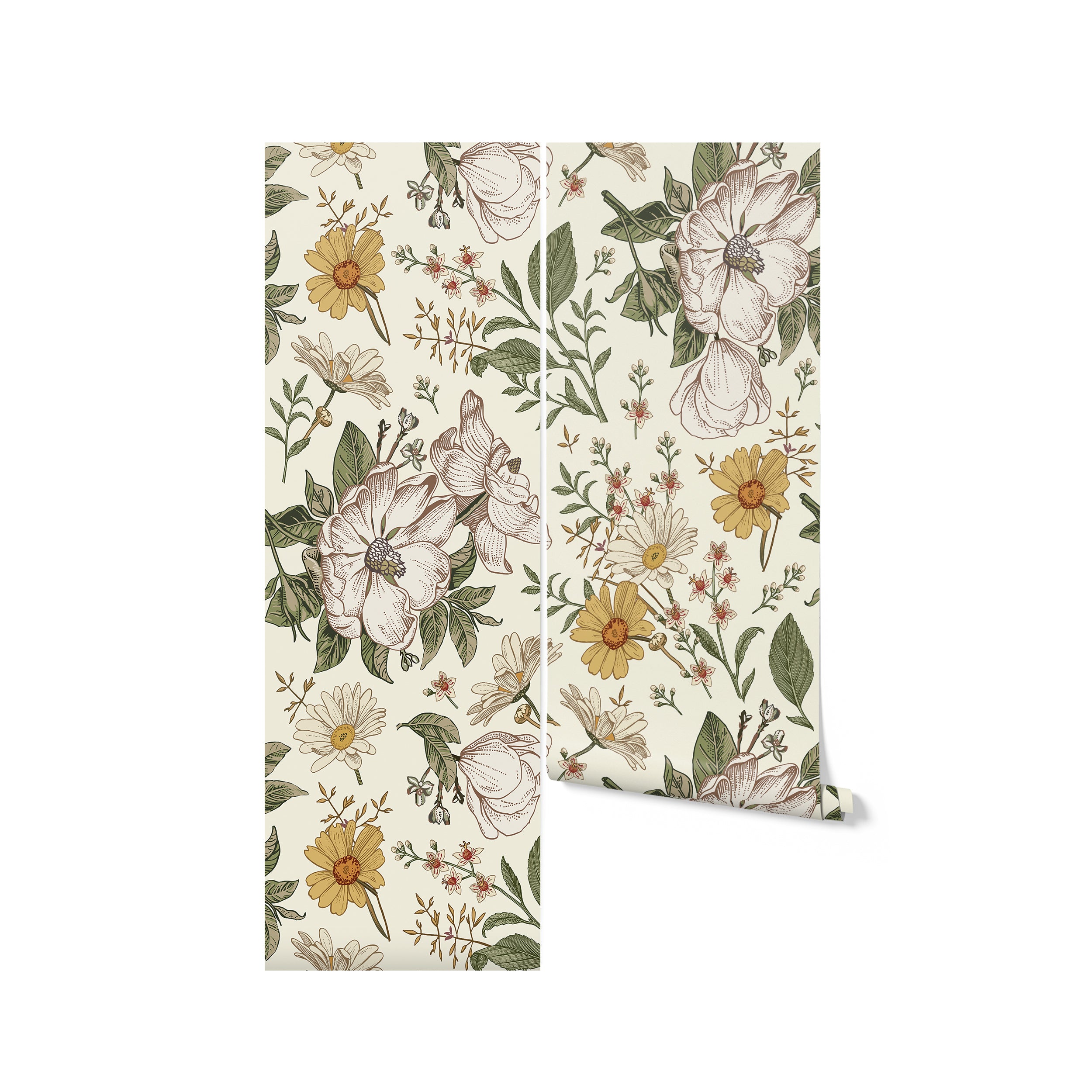 A sample of Floral Wallpaper - Sunny rolled partway out, showing the detailed floral design with prominent magnolia and daisy illustrations set against a subtle cream backdrop, perfect for those looking to infuse their space with a bright and cheerful botanical aesthetic.