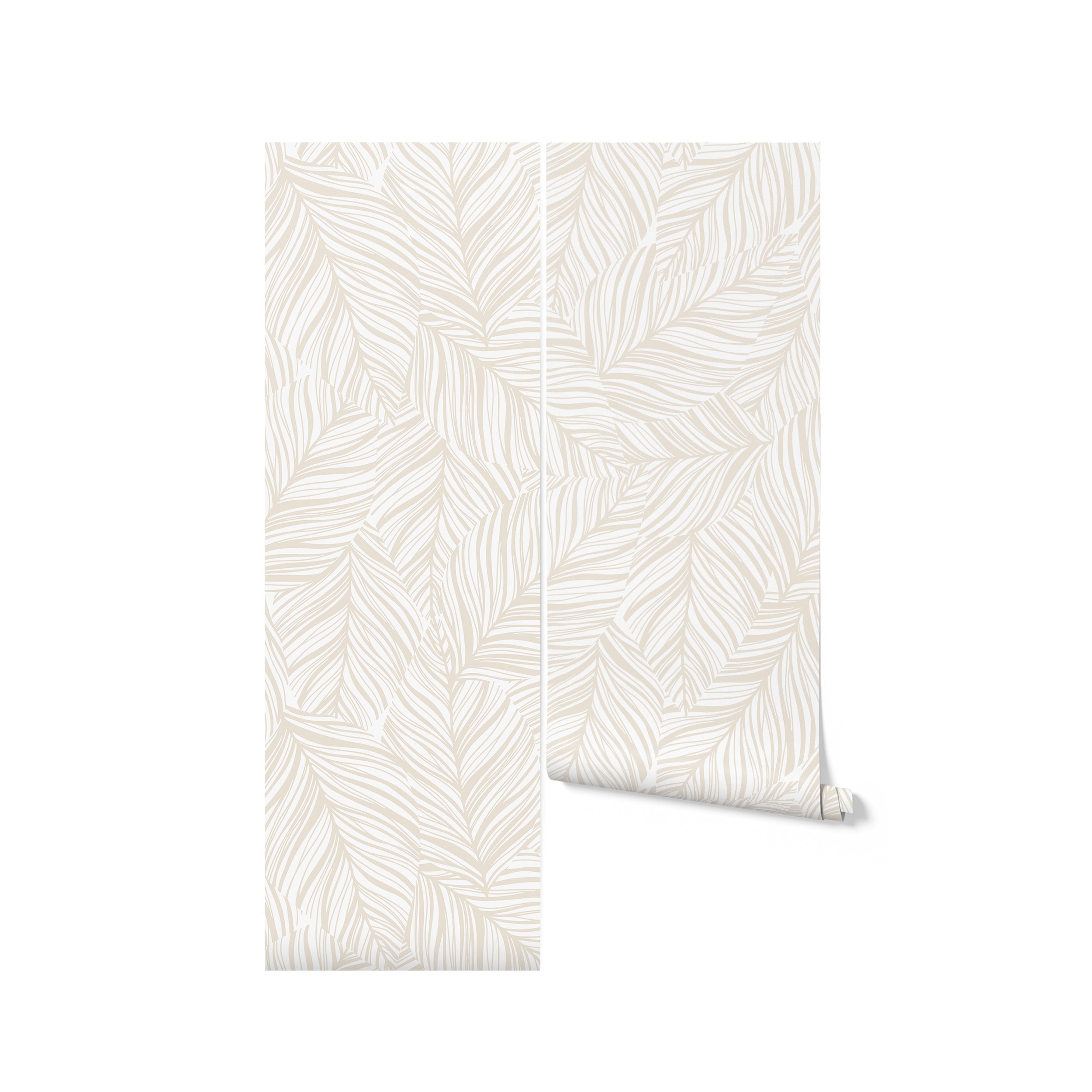 A digitally rendered image of a roll of abstract leaf-patterned wallpaper leaning against a plain background. The wallpaper displays an intricate design of ecru leaves with detailed line work that emphasizes a natural, rhythmic flow. This image represents the product ready for use in interior design projects.