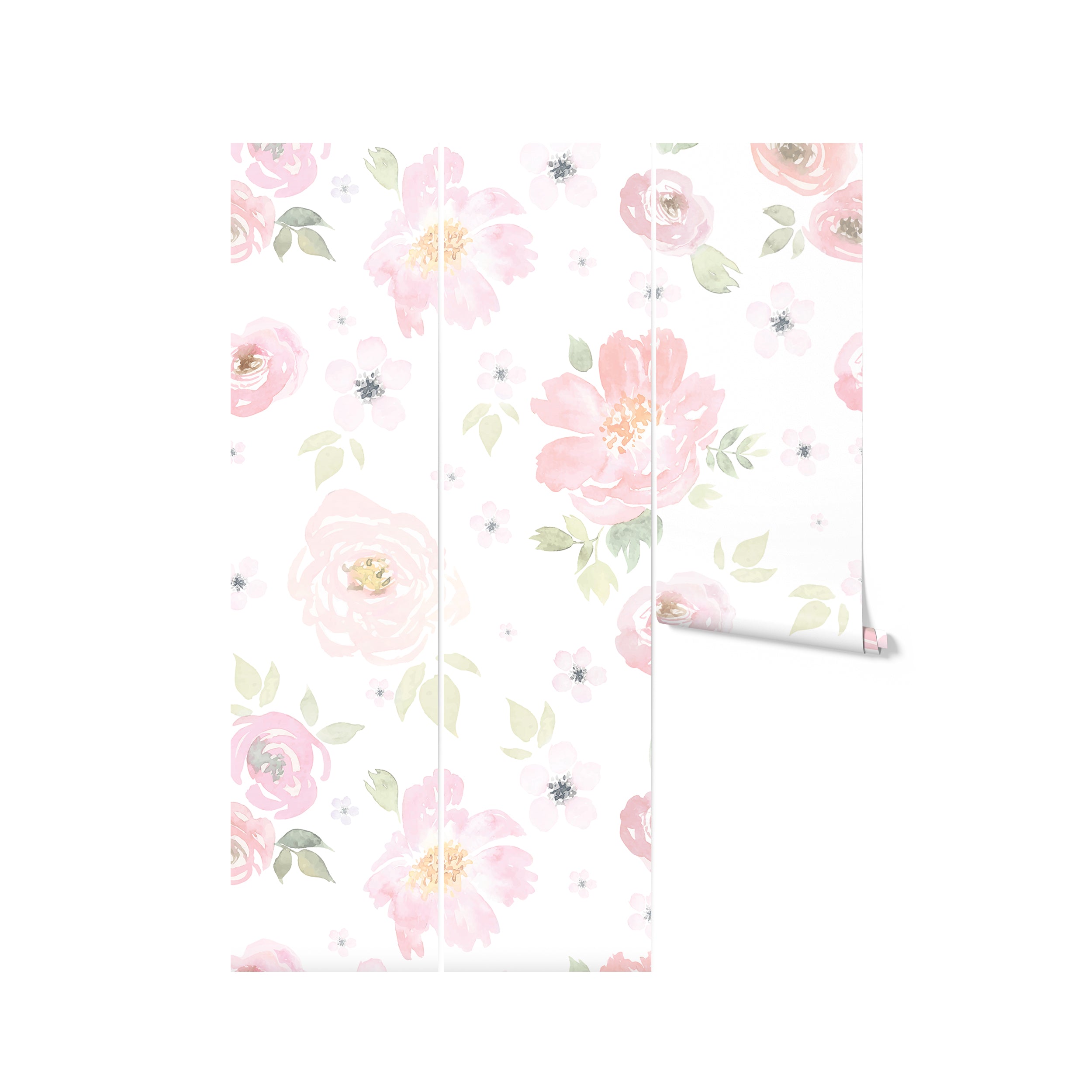 A roll of Gentle Blossom Wallpaper - 75", partially unrolled to reveal the beautiful pink floral print against a clean white background. This wallpaper is ideal for adding a gentle, floral touch to rooms, enhancing the area with its subtle and serene pattern.